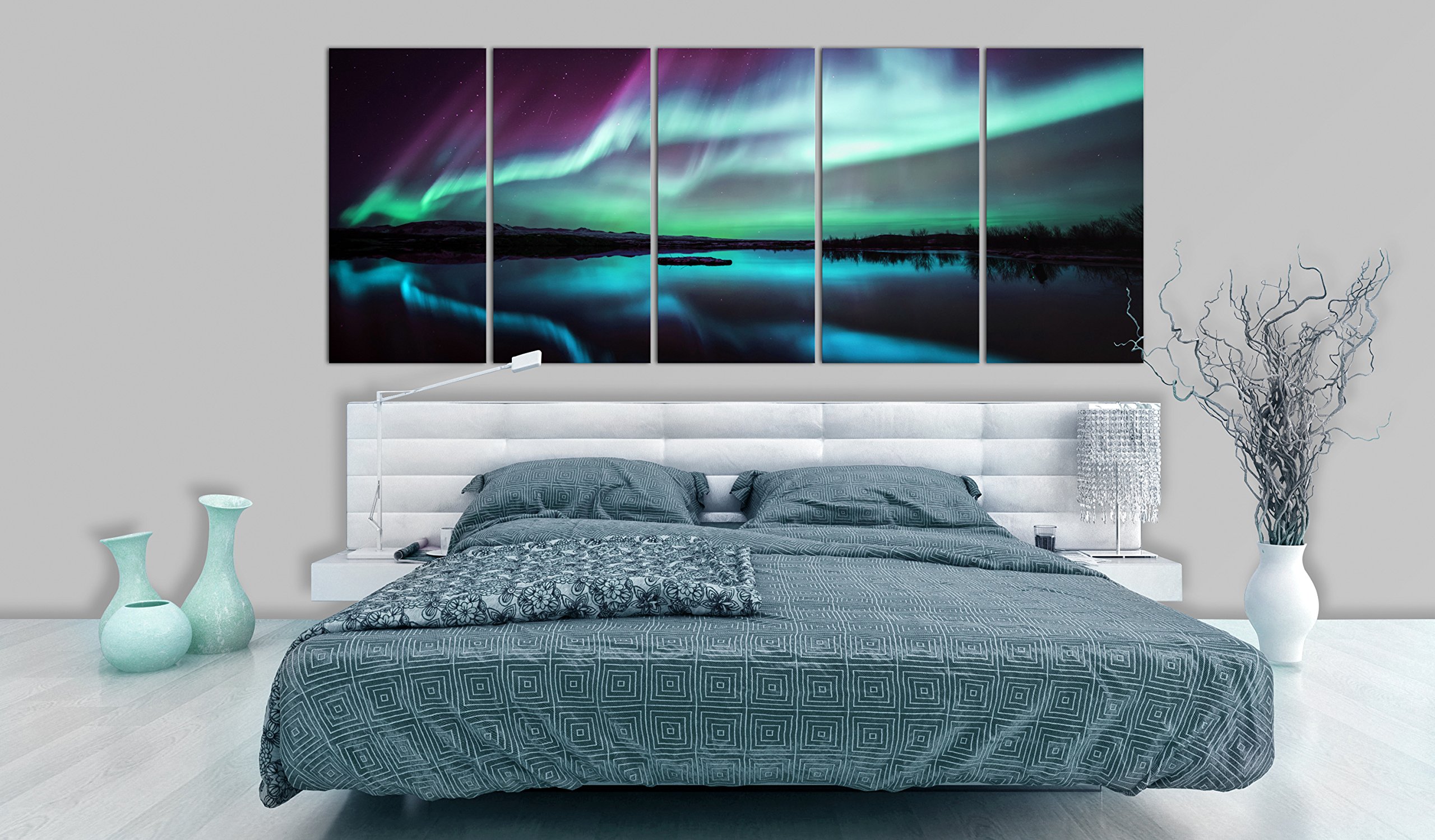artgeist Acoustic Canvas Wall Art Aurora Night 90x35 in - 5pcs Picture with Acoustic Foam Sound Print Artwork Room Acoustics Soundproofing c-B-0289-b-n