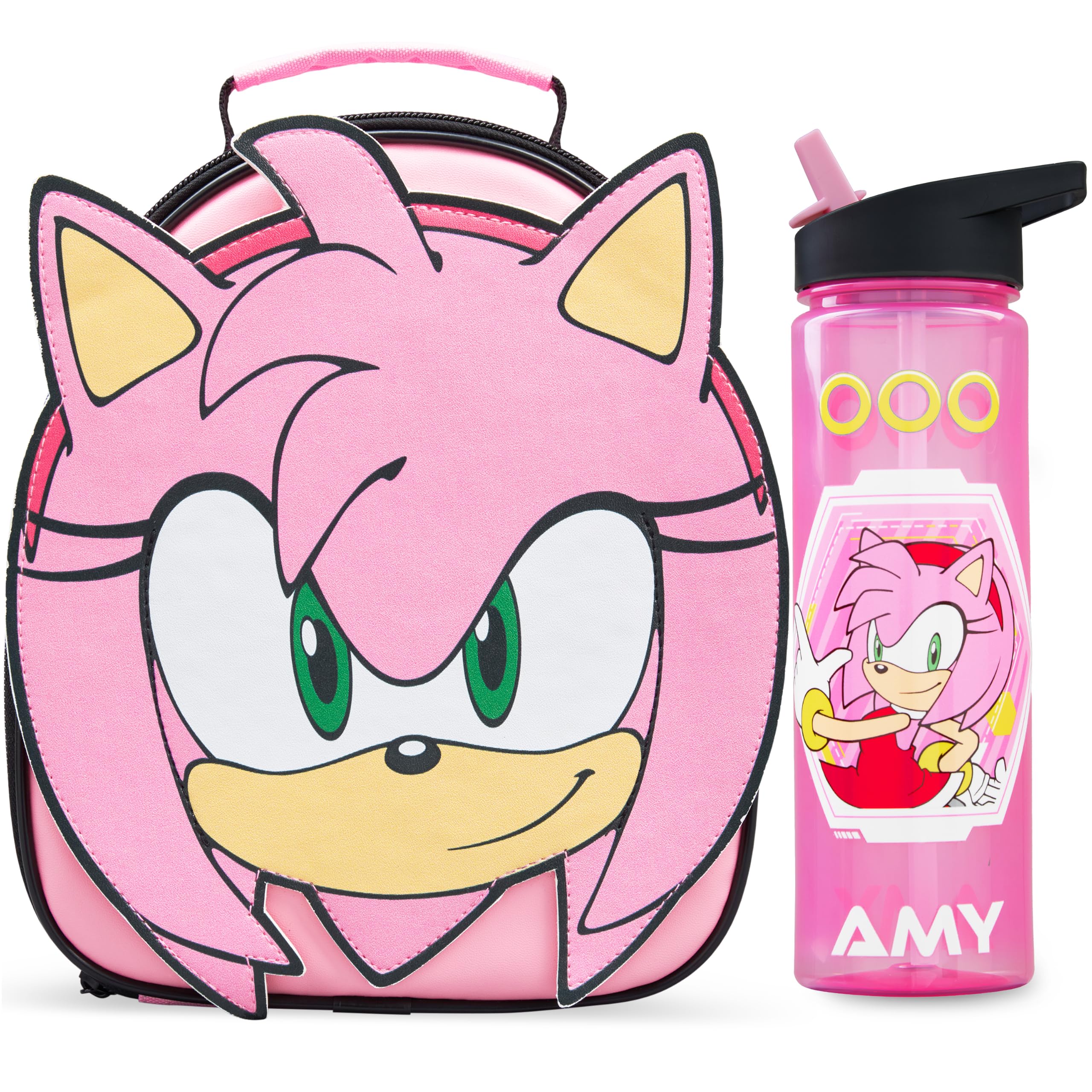 Get Trend Amy Rose Isolierte Lunchtasche Set 2-Teilig, 3D-Design Kühltasche mit 500ml Trinkflasche, BPA Frei, Super Leicht & Robust für Schule, Kita & Kindergarten (Rosa/Schwarz Amy Rose)