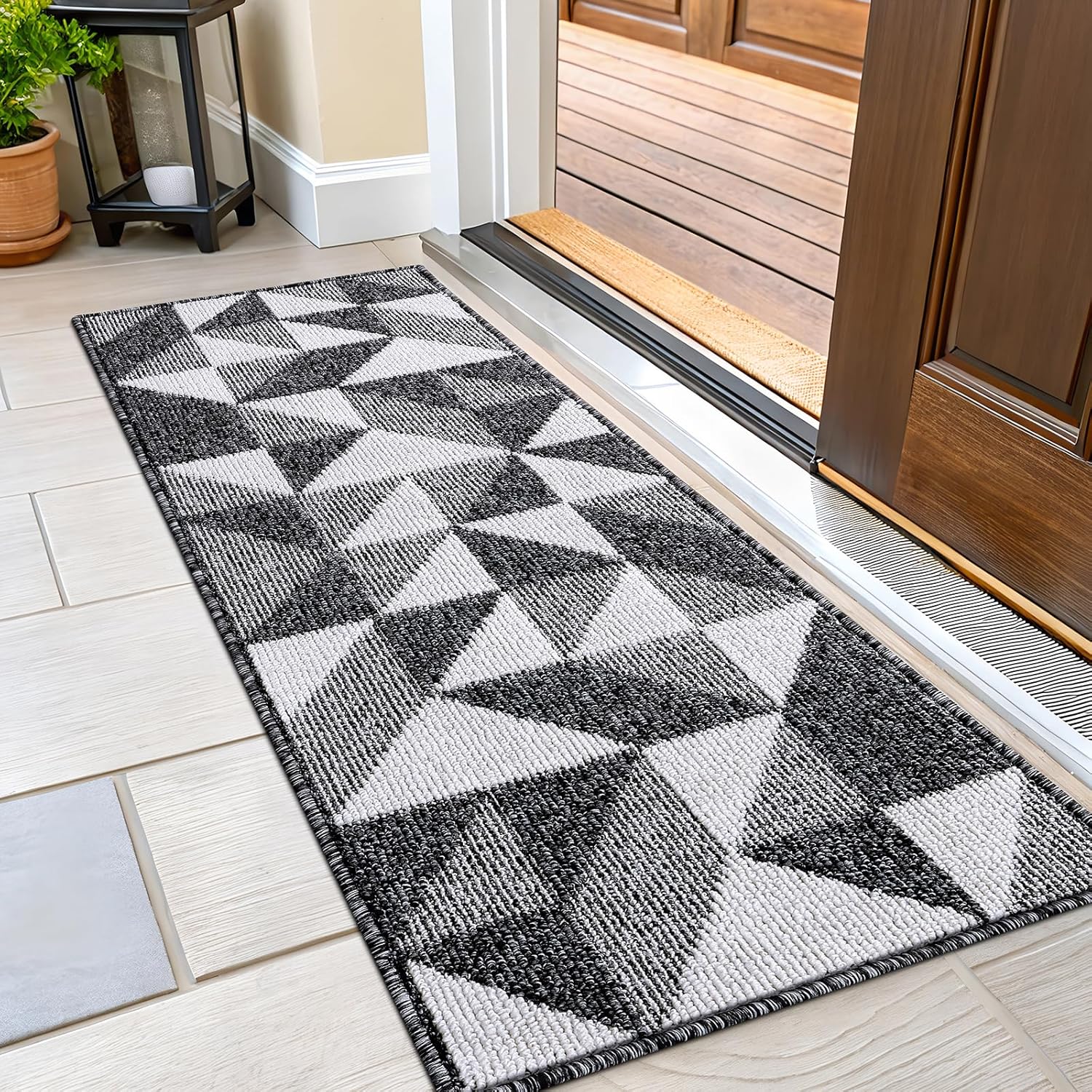 OLANLY Door Mat Indoor Entrance 47x20, Washable Runners for Hallway, Absorbent, Low-Profile Doormat, Geometric Design, Resists Dirt and Moisture, Sturdy Floor Mat for Kitchen, Bedroom, Office, Black