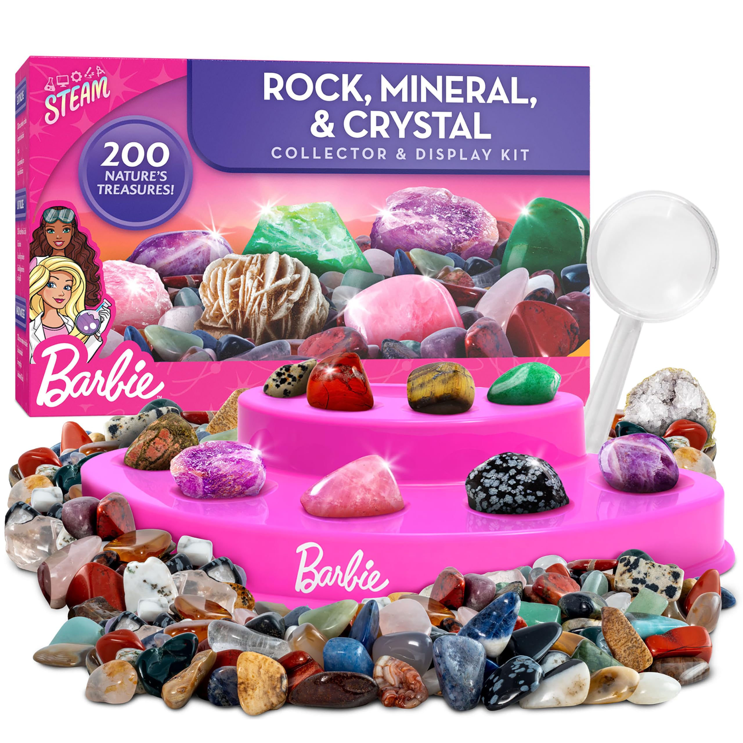 Barbie Rock Collection Box with 200 Rocks, Minerals, Crystals, and Geode | 200 Rocks, Minerals, and Crystals, Break-Open Geode, Rough and Tumbled Stones, ID Guide, Geology STEM, The STEAM Lab