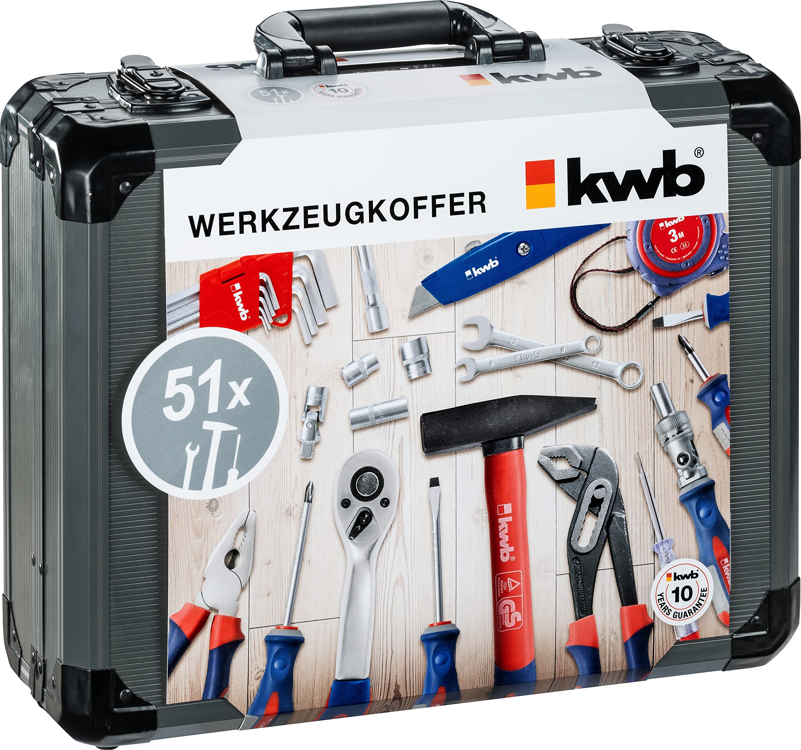 kwb 51-tlg. Werkzeugkoffer Universal | Stoßfester Aluminiumkoffer | Grundausstattung | ergonomischer Tragegriff | für Haushalt, Werkstatt, mobilen Einsatz