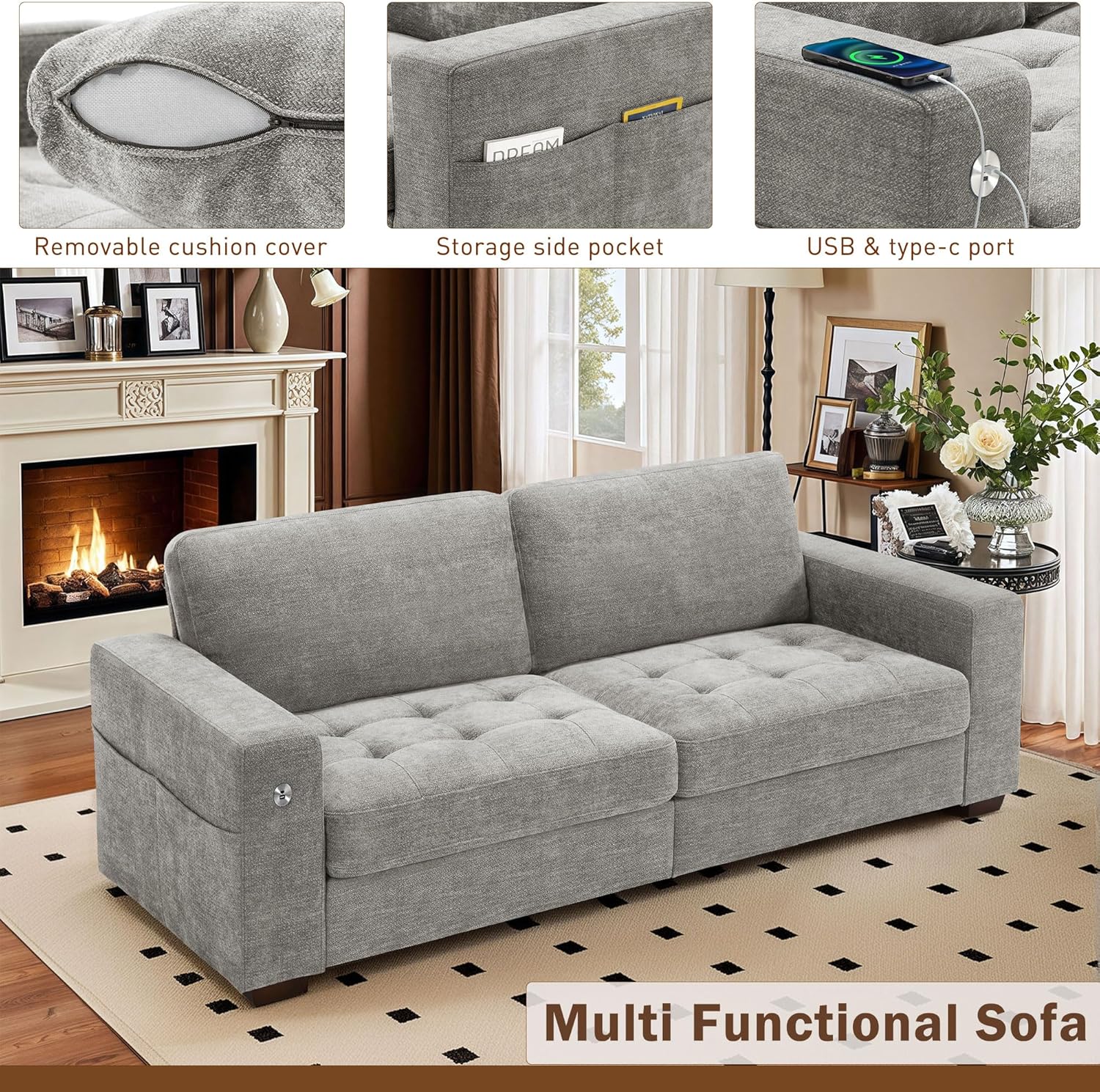 Sofa armrest showing integrated USB and Type-C ports and a side storage pocket