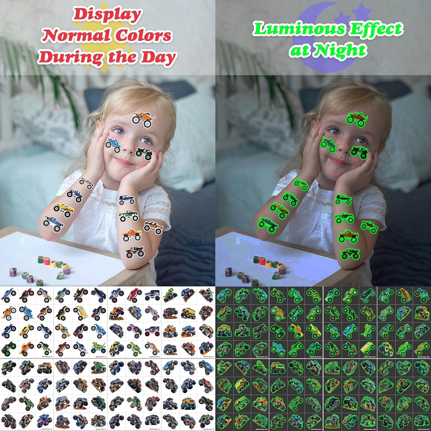96 PCS Monster Truck Race Car Pre-Cut Luminous Glow in the dark Temporary Tattoos for Kids | Super Cute Themed Birthday Party Favors Supplies Decorations, Fake Tattoos Rewards & Gifts for Boys Girls - Image 7