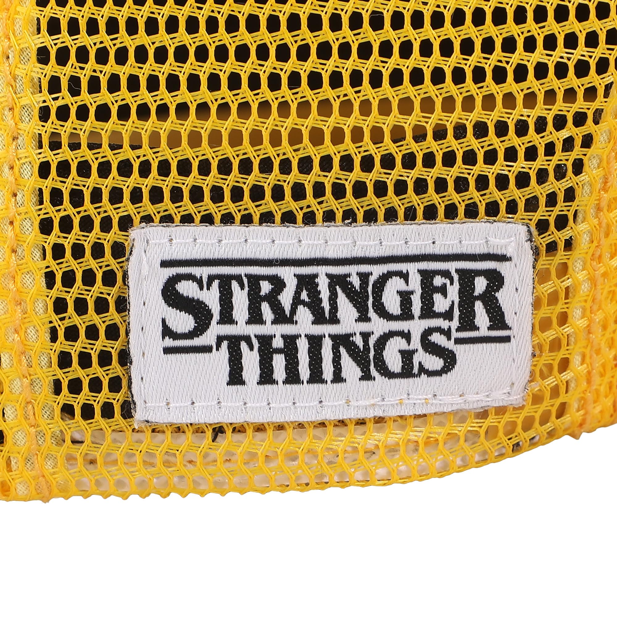 Gorra Stranger Things Dustin Henderson negra y amarilla de cosplay estilo trucker