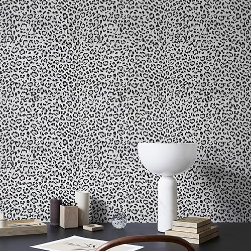Leopard Print Peel and Stick Wallpaper, Waterproof Removable Self Adhesive Textured Wall Paper, Black and White Unique Funky Cheetah Contact Paper for Bedroom and Bathroom 480"X17.3"(57.6 sq. ft)