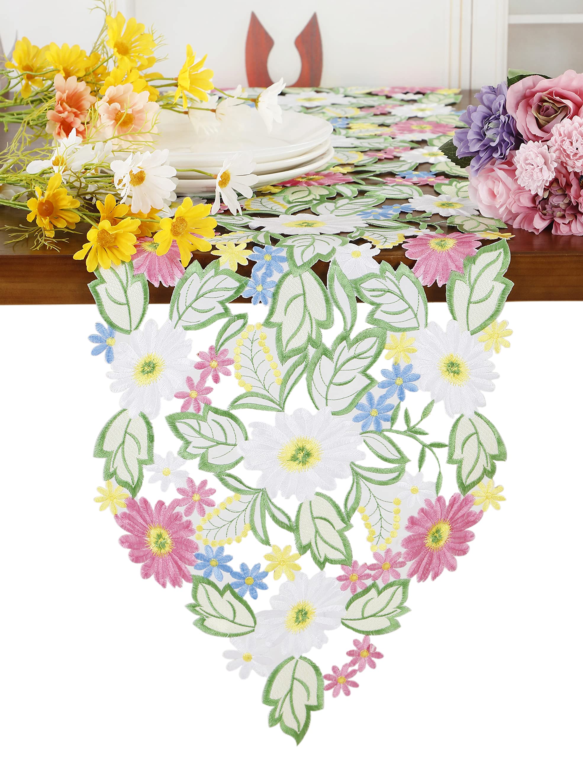 Spring Flower Table Runner Embroidered Flowery Table Placemats Floral Cutwork Table Doily Home Kitchen Dining Spring/Summer Tabletop Decoration Red (