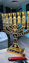 Ateret Judaica Jerusalem 7 Branch Traditional Menorah Enamel Finish, With 12 Tribes Of Israel, Candlestick Candle Holders (10.8 Inch
