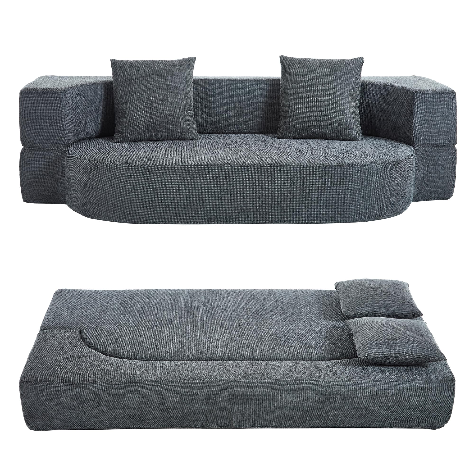 HENGJIANYI Folding Sofa Bed, Convertible Futon Sleeper Bed, 2-in-1 Foldable Floor Mattress with 2 Pillows, Breathable High-Density Foam Lazy Couch, Twin Size Comfy Lounge Chair, Dark Gray