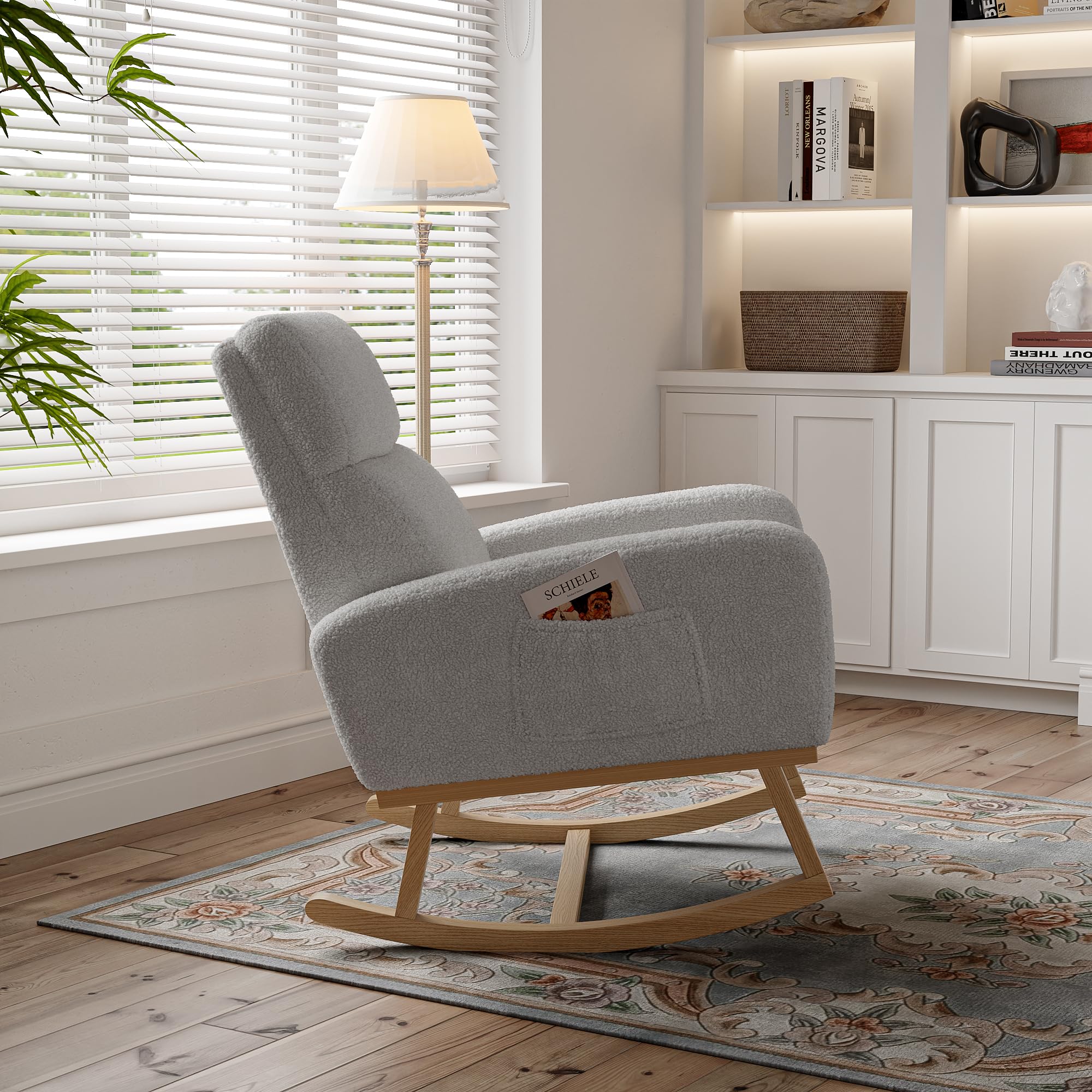 Sillón mecedora, sillón de lectura acolchado, sillones de relajación, sillones de acento para dormitorio, sala de estar, gris claro, patas de madera maciza
