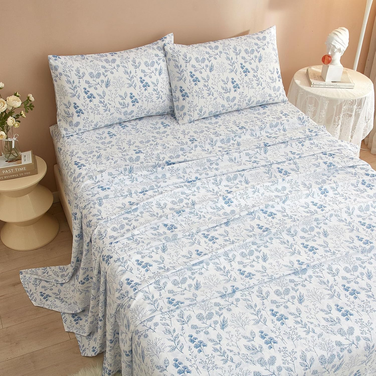LifeTB 3 Piece Floral Bed Sheets Set Twin XL Sheets & Pillowcase Set - Extra Soft Vintage Blue Floral Sheets Set Deep Pocket 16" - Botanical Flower Luxury Soft Cooling Bed Sheets for Twin XL Size Bed - Image 3