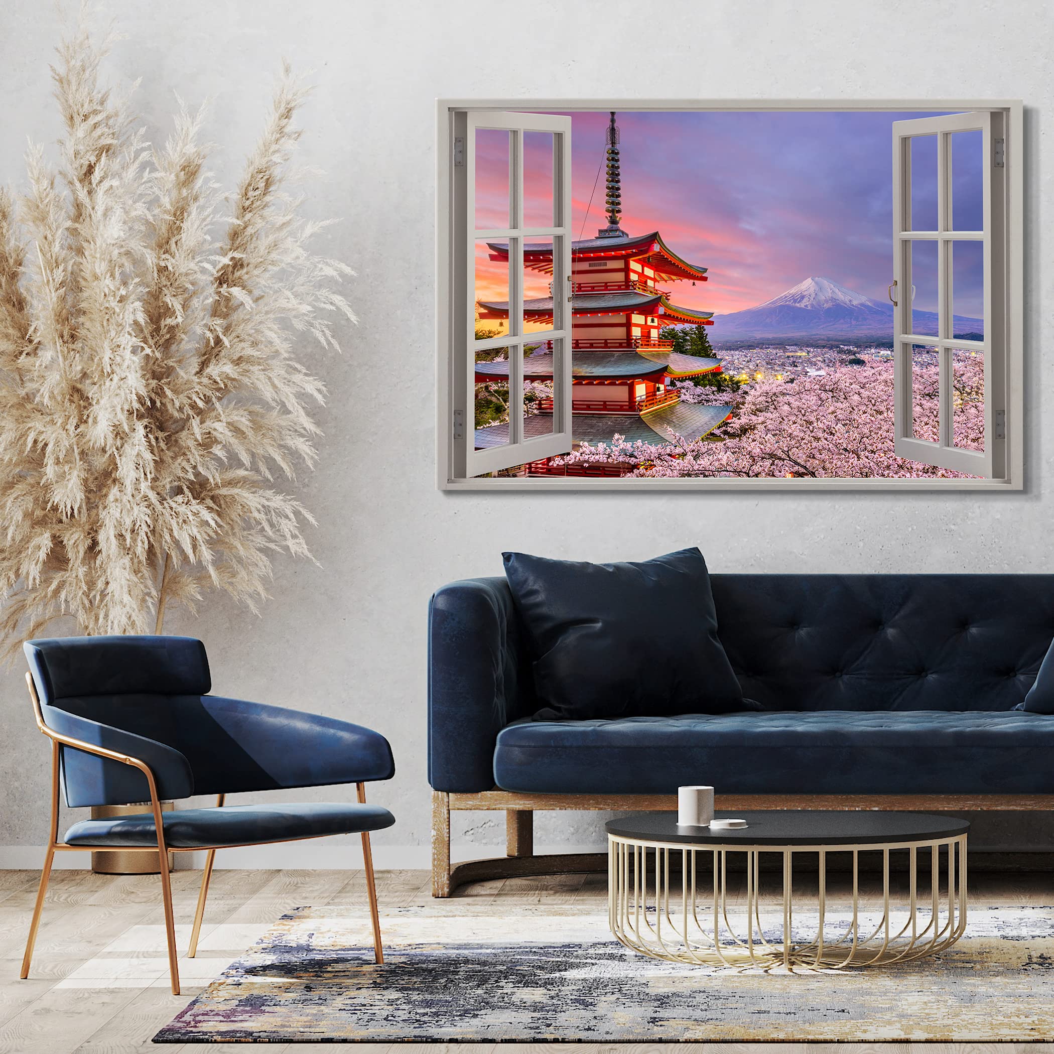 Printistico Impression sur toile (80x60 cm) Vue depuis la fenêtre - Temple Fuji Japon Coucher de soleil Asie - Photographie nature, cadre en bois véritable avec crochet,