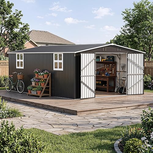 Polar Aurora 12x18 FT Outdoor Storage Shed, Garden Shed with Window, Updated Frame Structure and Lockable Doors, Metal Tool Sheds for Backyard Garden Patio Lawn, Black