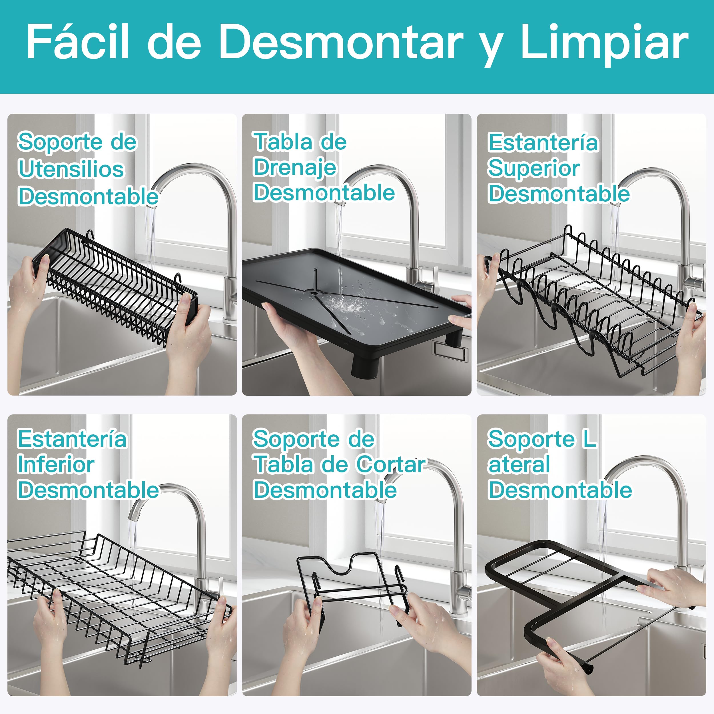 Boosiny Escurreplatos Acero Inoxidable con Drenaje Automático, Escurridor de Platos Grande de 2 Niveles con Portavasos y Porta Utensilios, Escurridor para Fregadero (Negro)