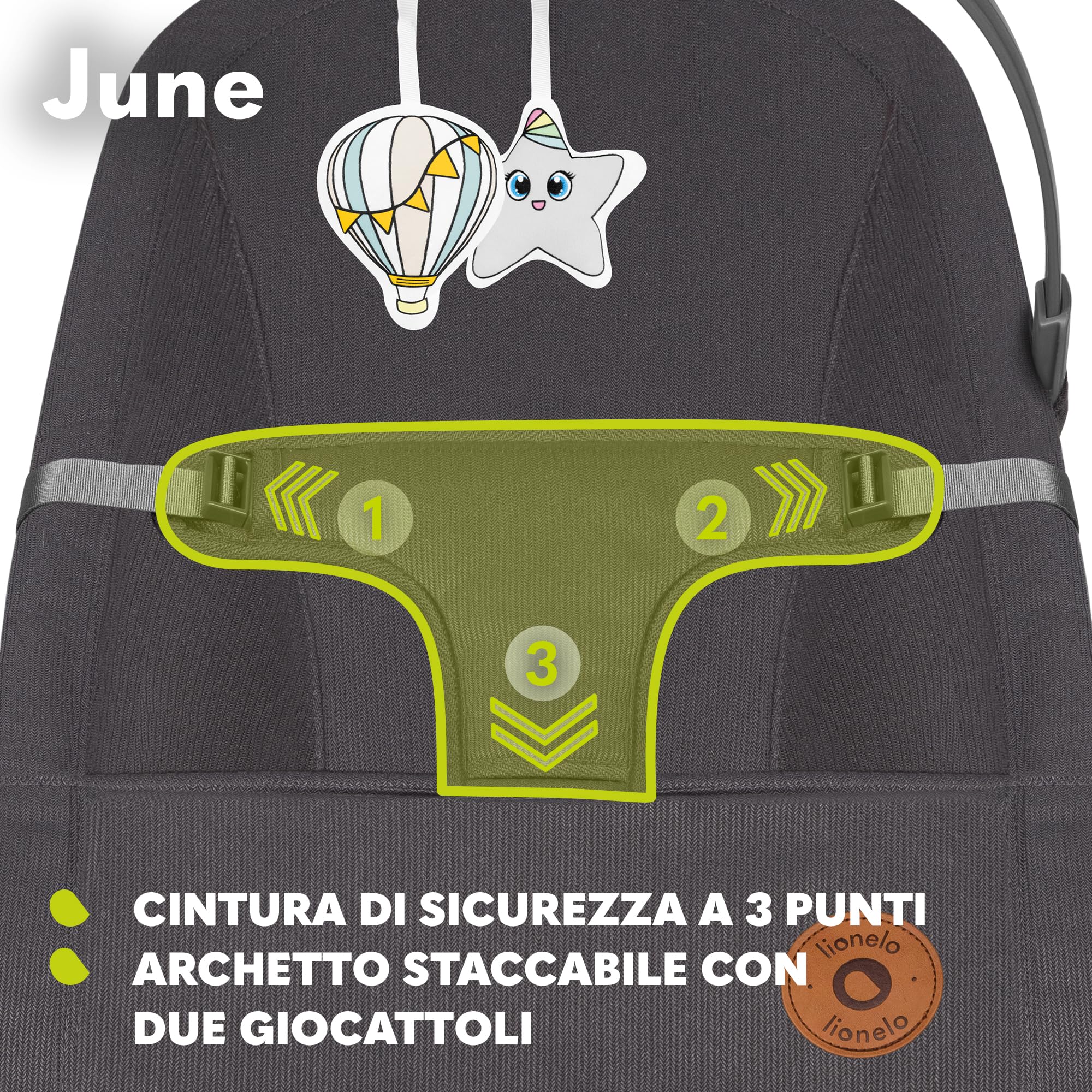 LIONELO June Sdraietta Dondolo Pieghevole dalla Nascita a 9 kg | Design Ergonomico e Traspirante, Cinture di Sicurezza, Struttura Leggera e Stabile, Piedini Antiscivolo