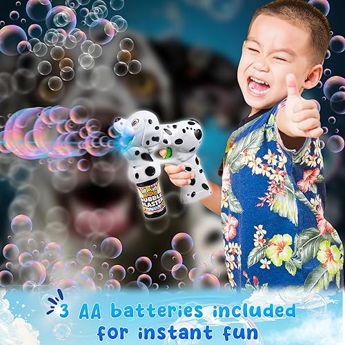 Miniatura 7 de Dálmata - Lanzador de burbujas con luces LED, sonido y 2 botellas de solución de burbujas, pistolas eléctricas de burbujas Forest & Twelfth para