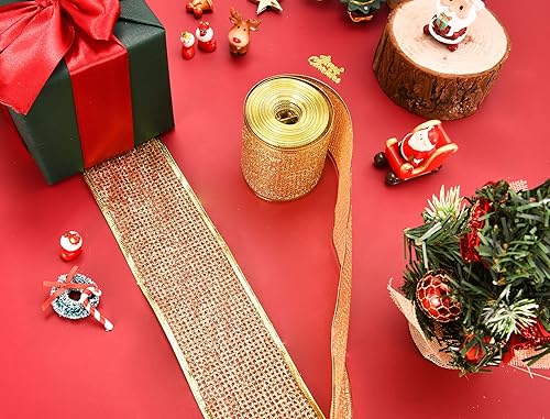 Miniatura 5 de Cinta metálica de Navidad con purpurina para envolver regalos, corona de árbol de Navidad, manualidades, malla dorada con borde con alambre,