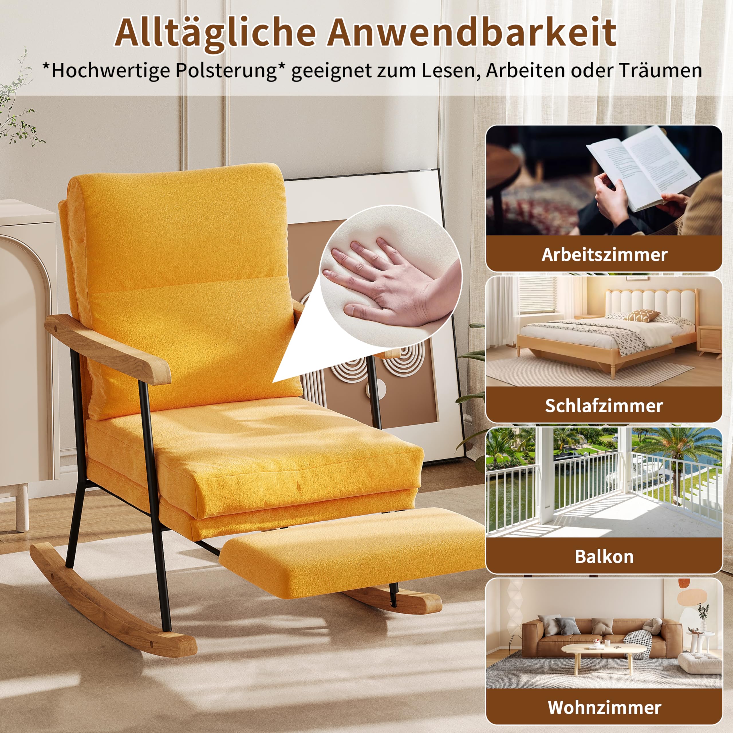 KeepGoon Chaise à Bascule, Fauteuil à Bascule avec Dossier, Repose-Pieds Coulissant, Fauteuil de Relaxation, pour Salon, Chambre à Coucher, Tissu en Coton et Lin (Jaune)
