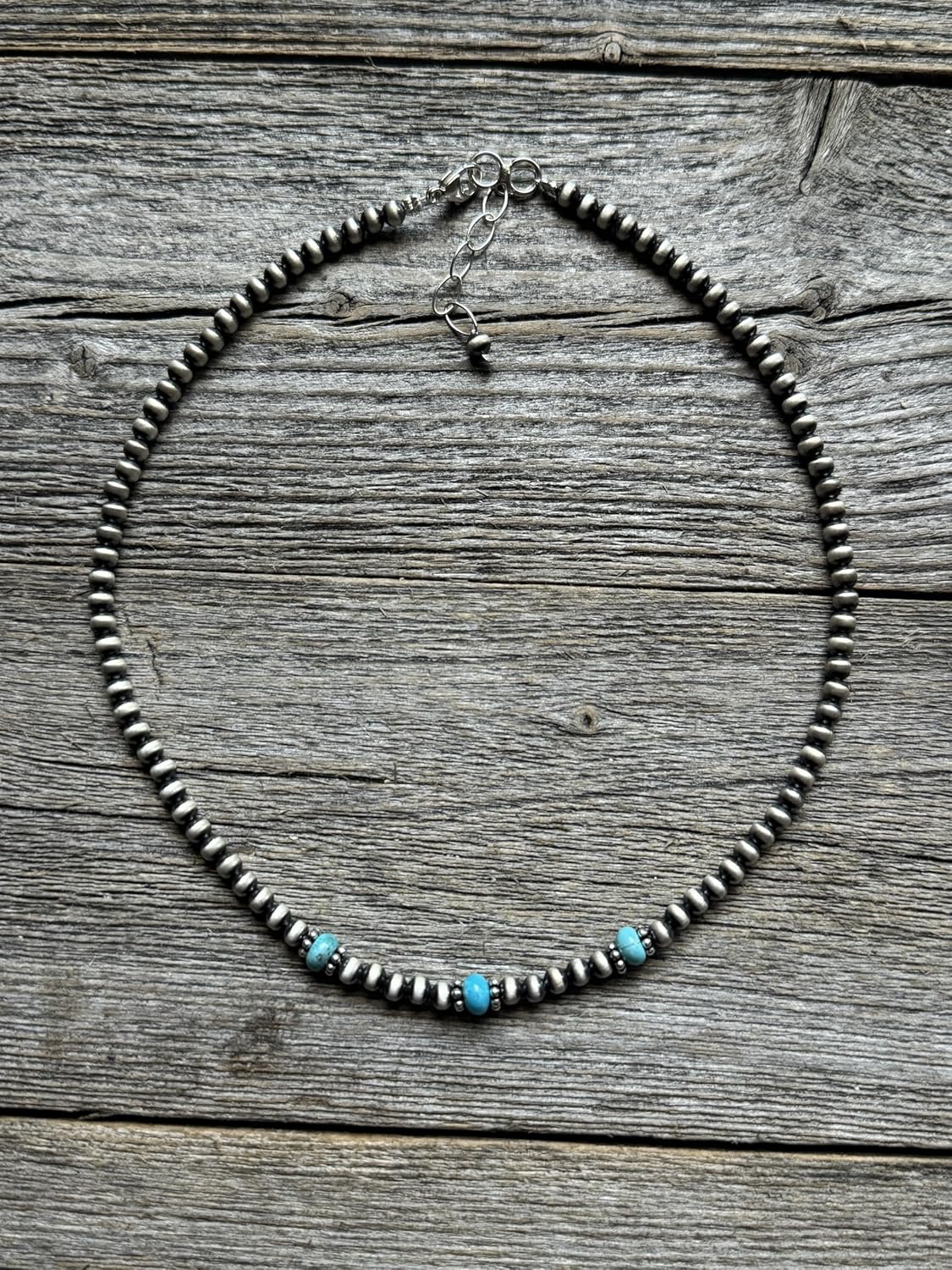 Sterling Silver 4mm Pearls with Turquoise Bead Necklace Choker. 14 inch southwestern jewelry "Navajo Style"