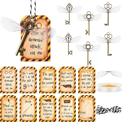 L1rabe 112 piezas de llaves voladoras vintage de mago mágico de Navidad, dijes con 30 pares de alas de libélula y cuerda elástica de cristal para