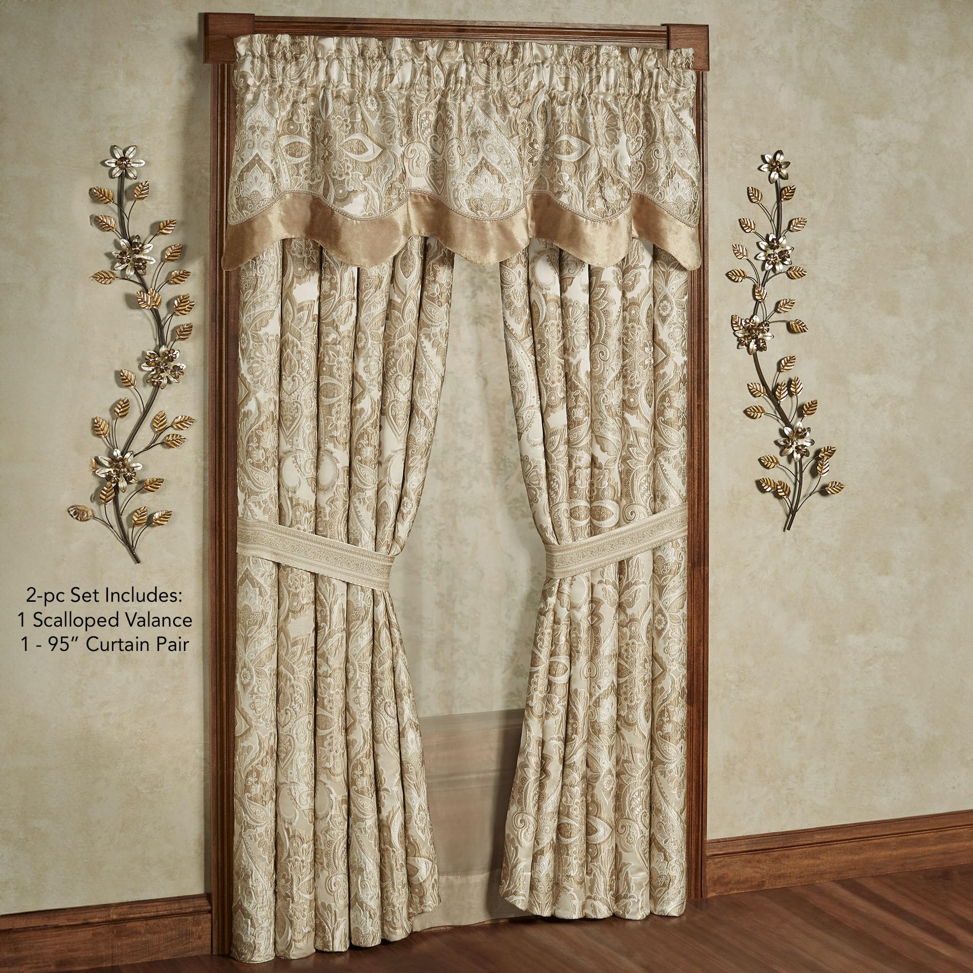 Albany Luxury Window Treatment | Soothing Neutral Tones of Champagne and Ivory | Jacobean Floral Inspired Damask, Medallions, and Velvet | Drapery Set Includes Scalloped Valance & 95L Curtain Pair