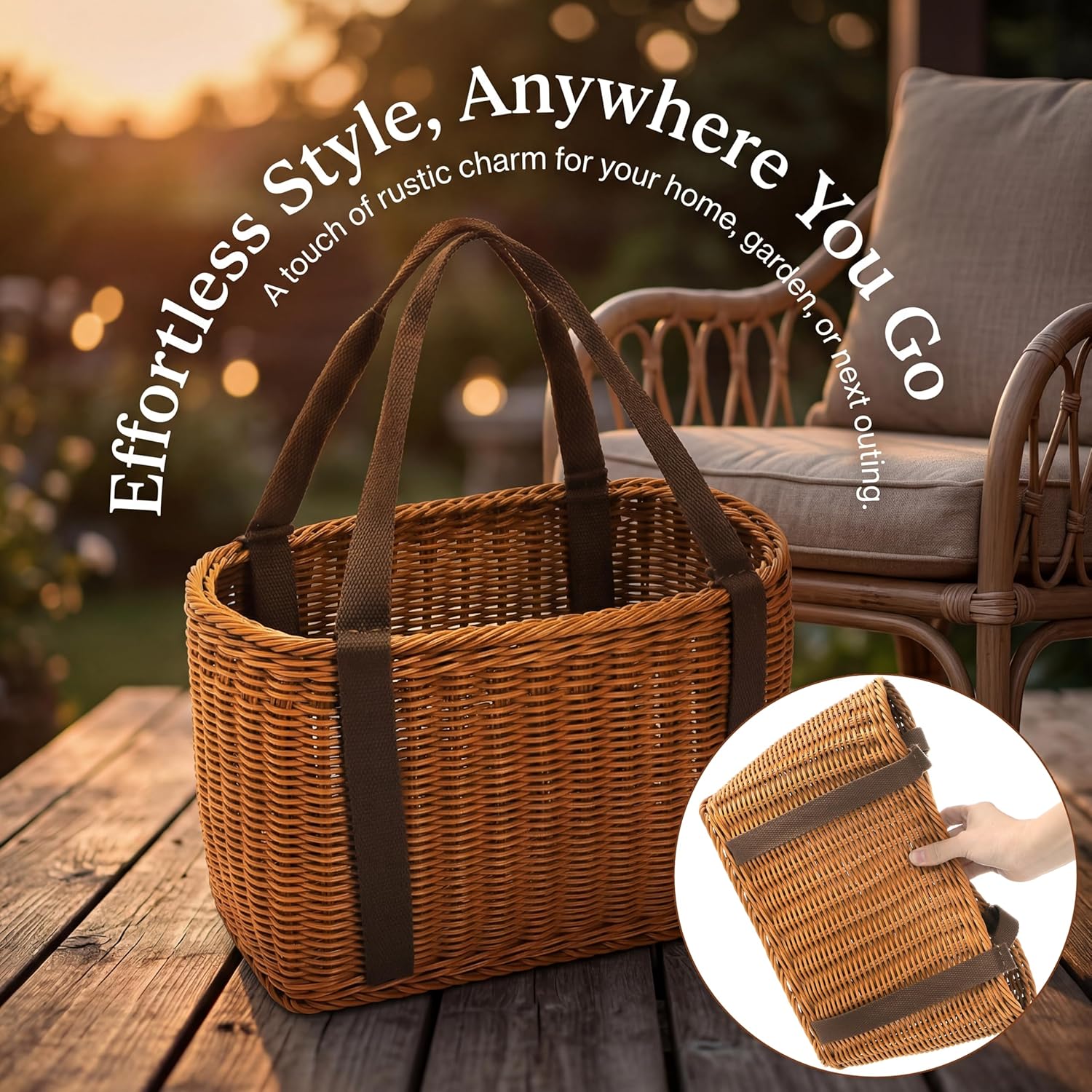 Wicker Shopping Basket with Handle, 12" x 8.5" x 6" Hand-Woven Picnic Basket, Open Top Market Harvest Basket for Food Storage, Kitchen Organization, Home Decor, Camping, Easter Eggs, Gifts