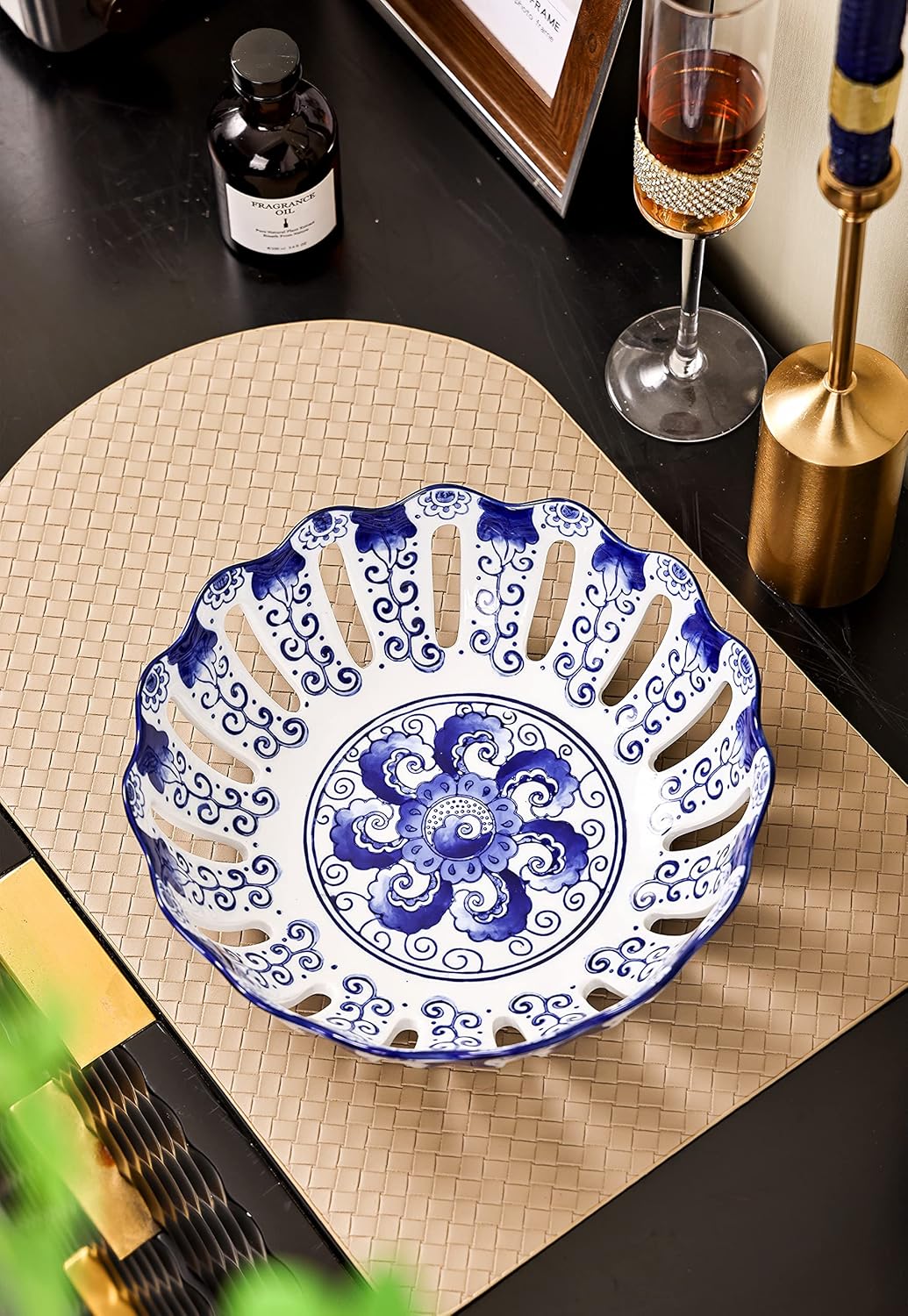 Blue and White Decorative Fruit Bowl, Chinoiserie Decor, Porcelain Home Decor for Kitchen Counter, Round, 10"