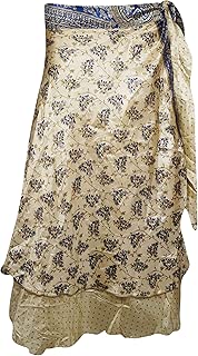 Womens Wrap Skirt Beige Silk Sari Printed Reversible Skirts OneSize
