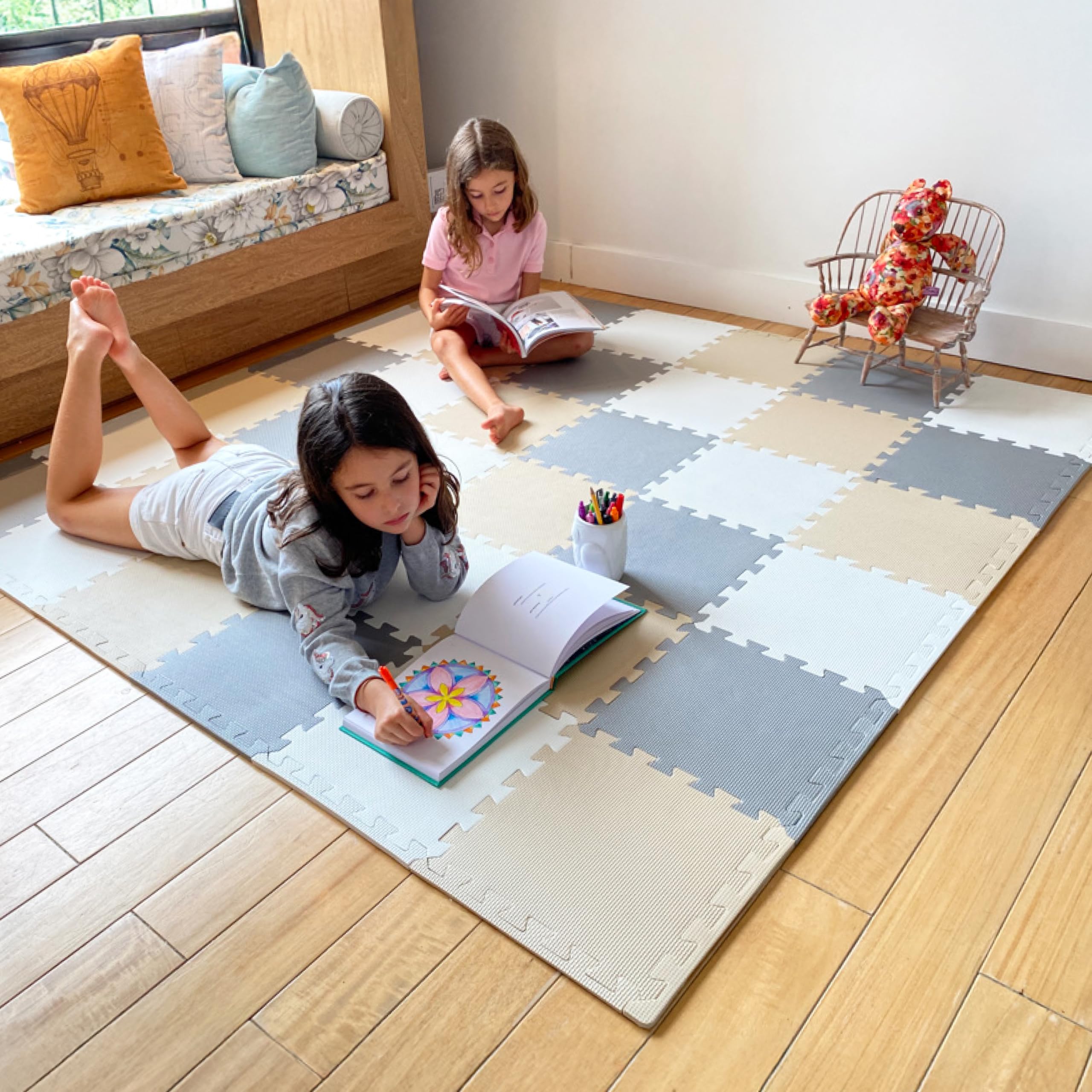 MioTetto Soft Non-Toxic Foam Play Mat for Babies | Colourful Puzzle Mats with 36 Squares for Toddlers | Interlocking EVA Foam Tiles, Cream Grey Beige, 36