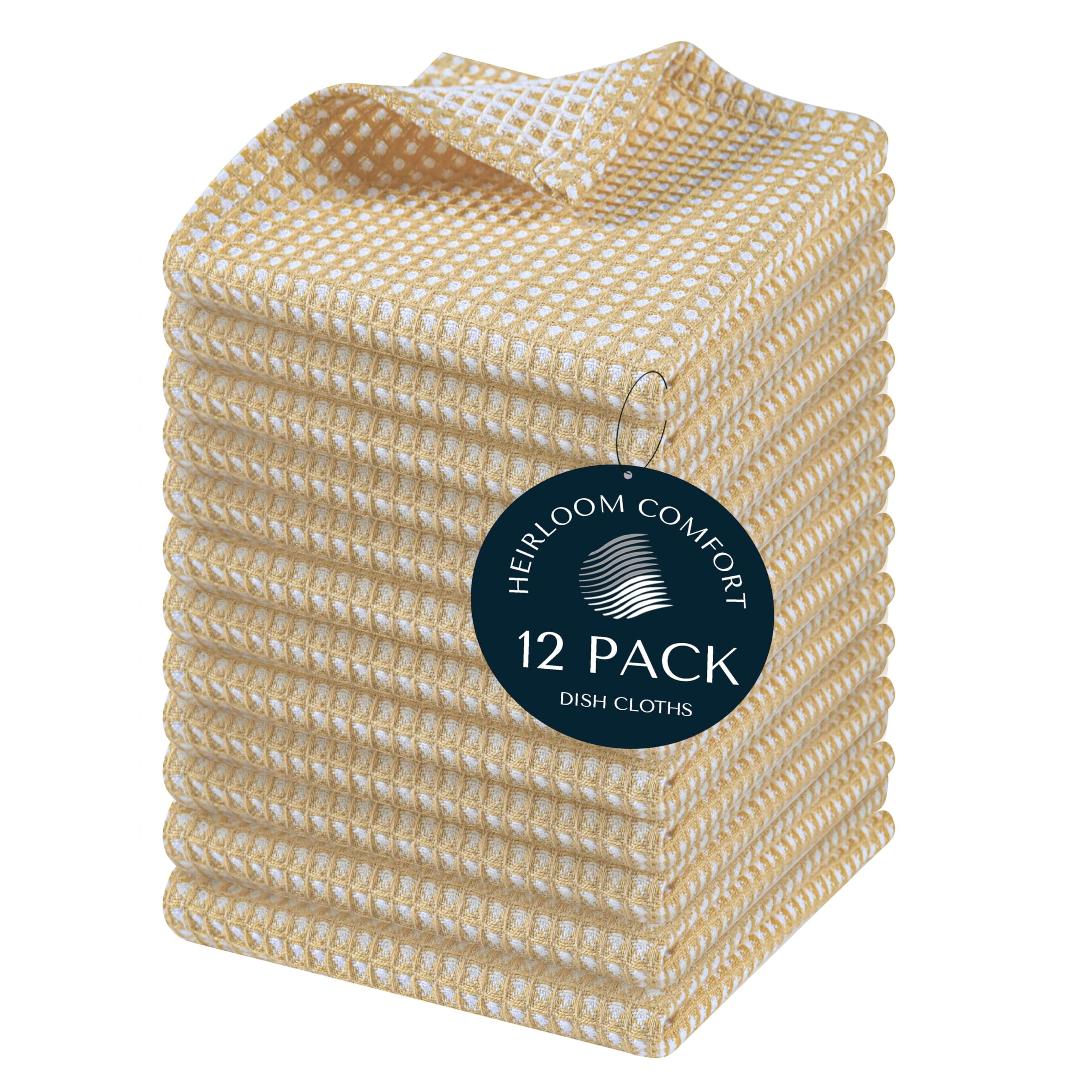 HEIRLOOM COMFORT 12 Pack Dual Tone Waffle Weave Dish Cloth, 30x30 cm, 100% Cotton Dishcloth Set, Super Absorbent, Fast Dry, Teal Towels, Soft Hand Towel, Durable Dish Rags & Wash Cloth, Beige