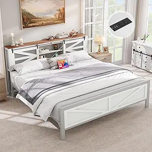 YITAHOME Farmhouse King Size Bed Frame with Headboard, Bookcase Storage Shelves, Sliding Grid Barn Door, Charging Station, Rustic Wood Platform Bed, No Box Spring Needed, White