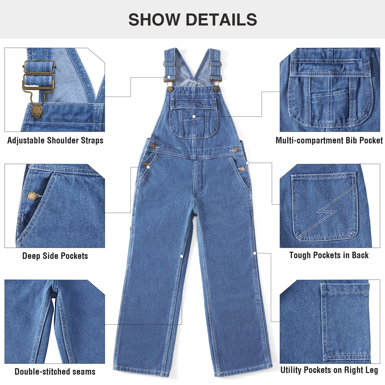 HISEA Salopette en jean pour garçon, taille 4-16, salopette en jean bleu pour enfants avec bretelles réglables, salopette délavée classique pour jeunes
