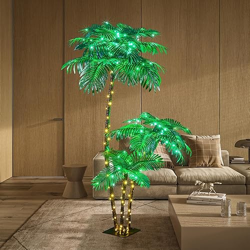 Miniatura 3 de Palmera artificial iluminada con luz solar, 6 pies, 3 pies, 2 pies, 2 pies, decoración para exteriores, 203 luces LED, árbol falso para interiores y