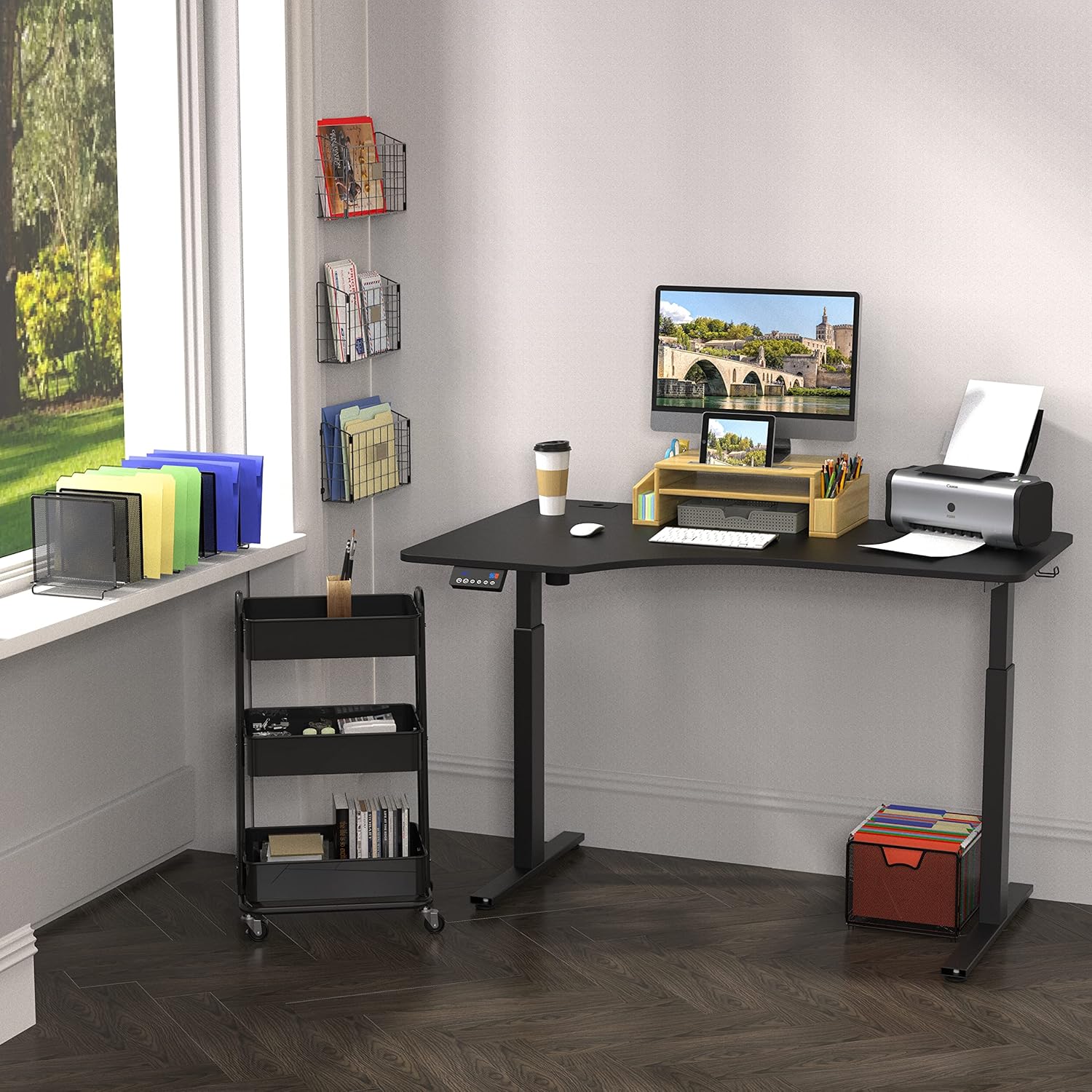 SHW 55-Inch L-Shaped Electric Height Adjustable Standing Desk with Left Facing Corner, Black