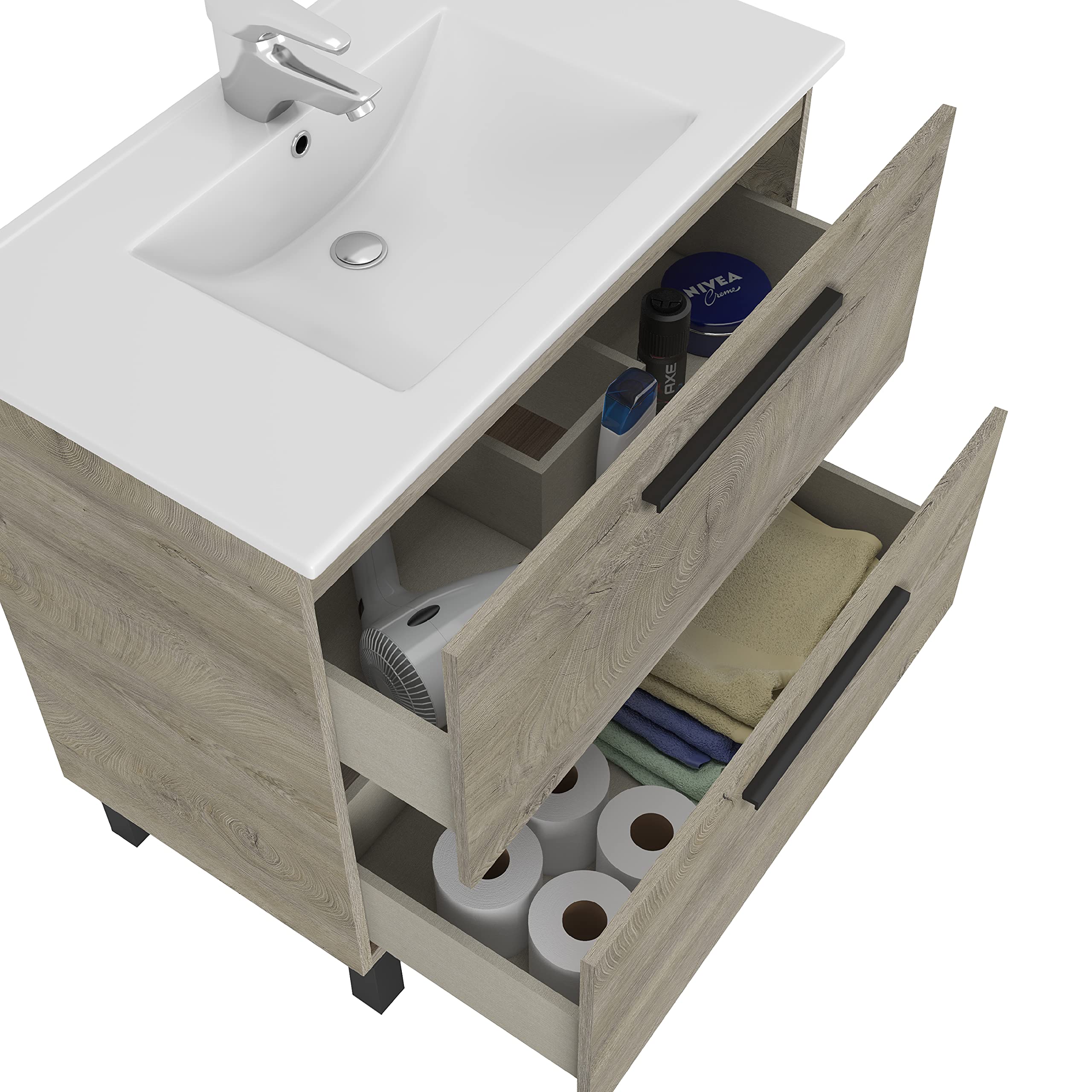 Habitdesign Mueble de Baño con 2 Cajones y Espejo, Modulo Lavabo, Modelo Athena, Acabado en Roble Alaska, Medidas 80 cm (Ancho) x 80 cm (Alto) x 45 cm (Fondo). (Lavabo no Incluido).