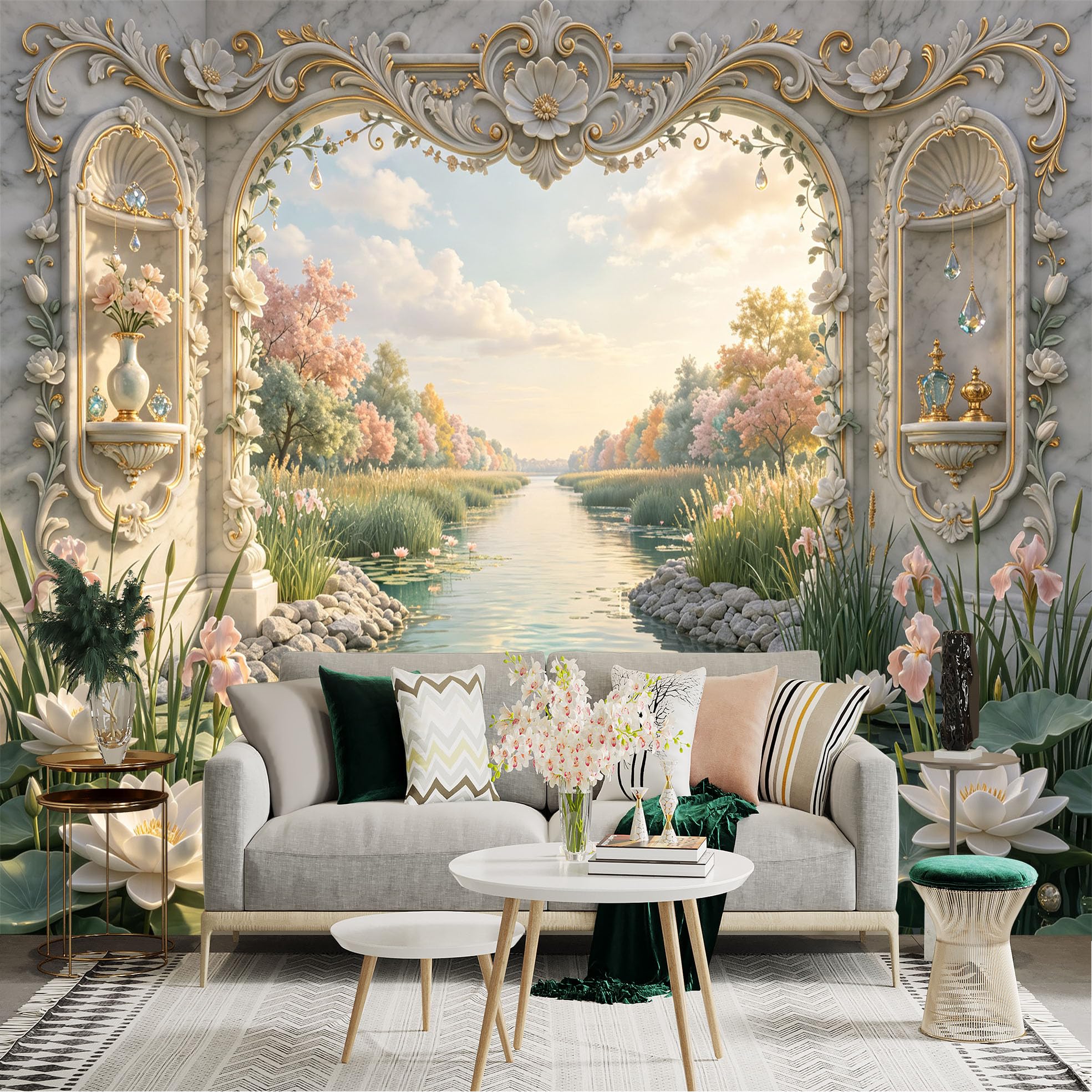 Lnzczhyre Bh260719150 Custom Size Wall Sticker Mural， Elegant Marble Archway， Blooming Lotus Pond， Serene Spring Landscape， Classical European Relief， For Wall Decoration， Peelandstick Wall Decals.