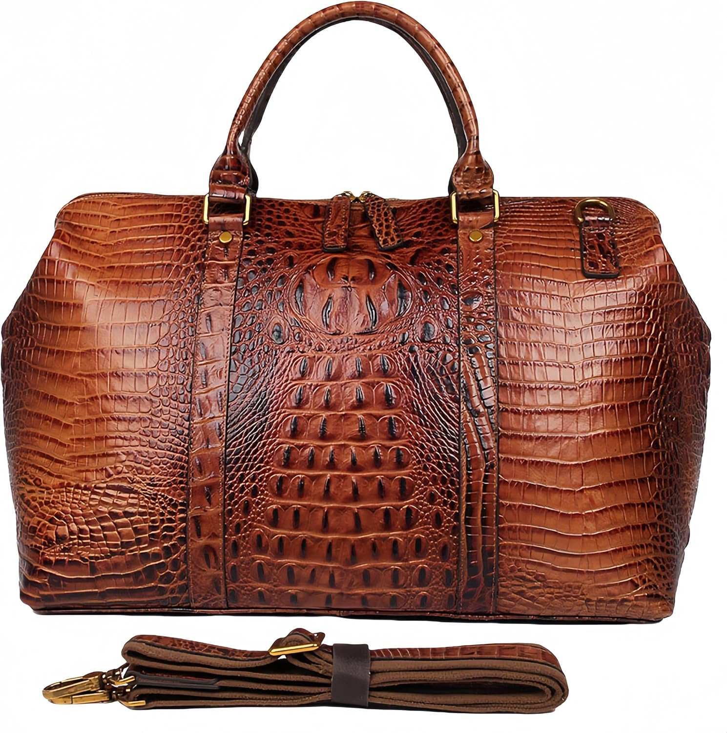 Genuine Leather Duffle Bag for Men - Airplane Approved Carry On Weekender Bag, 18x7.5x12 Inch Crocodile-Textured Travel Duffel with Laptop Compartment (Fits 18" Laptop)