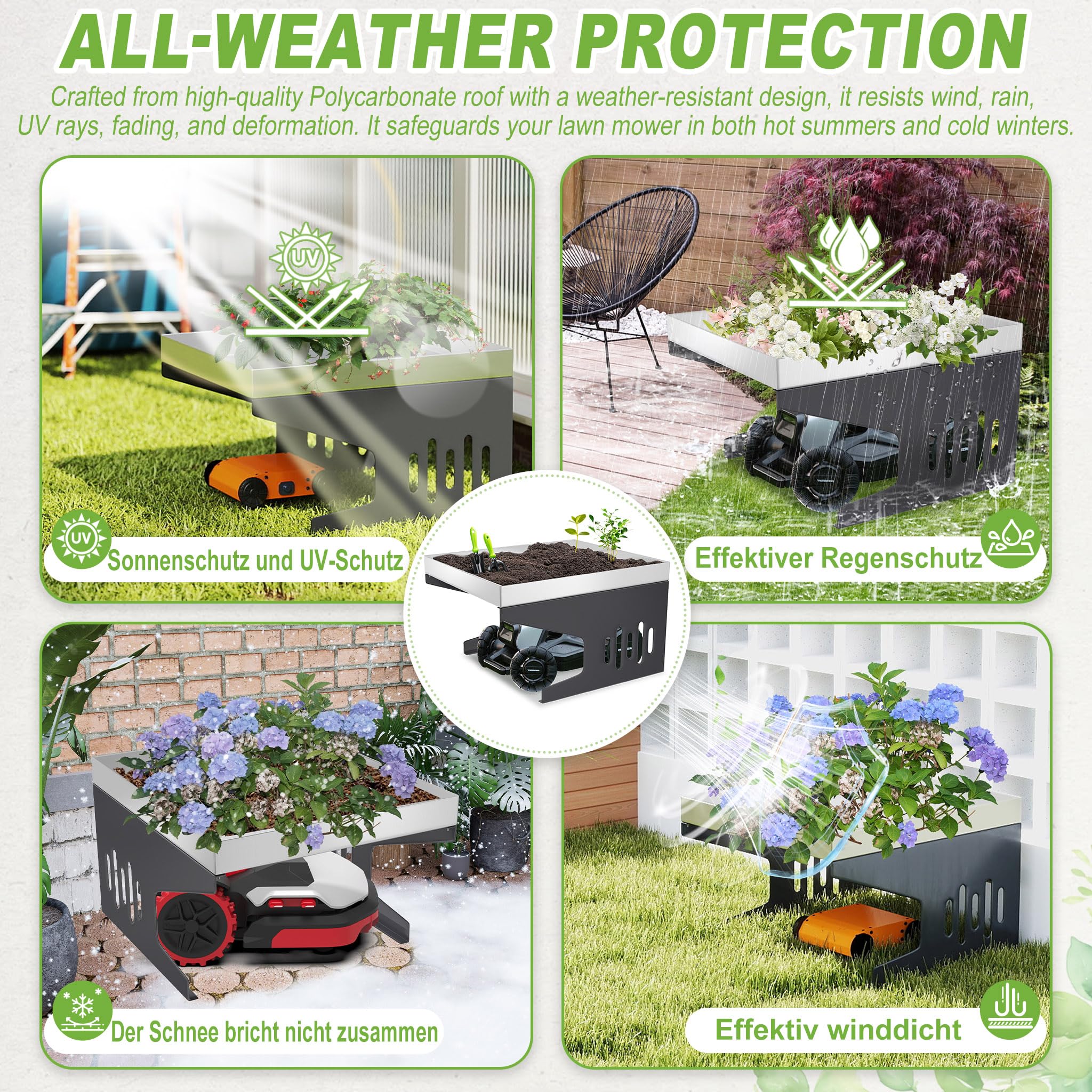 Aufun Garaje de acero para robot cortacésped 70 x 60 x 43 cm, techo para cortacésped, carport, cubierta para robot cortacésped, protección contra el sol y la lluvia, inoxidable, resistente a la