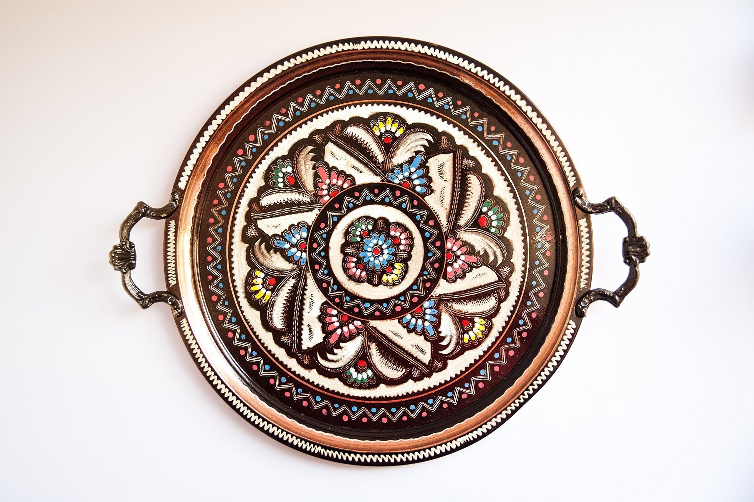 Turkish Luxury Ottoman Copper Handmade - Hand-painted Traditional Big Tray