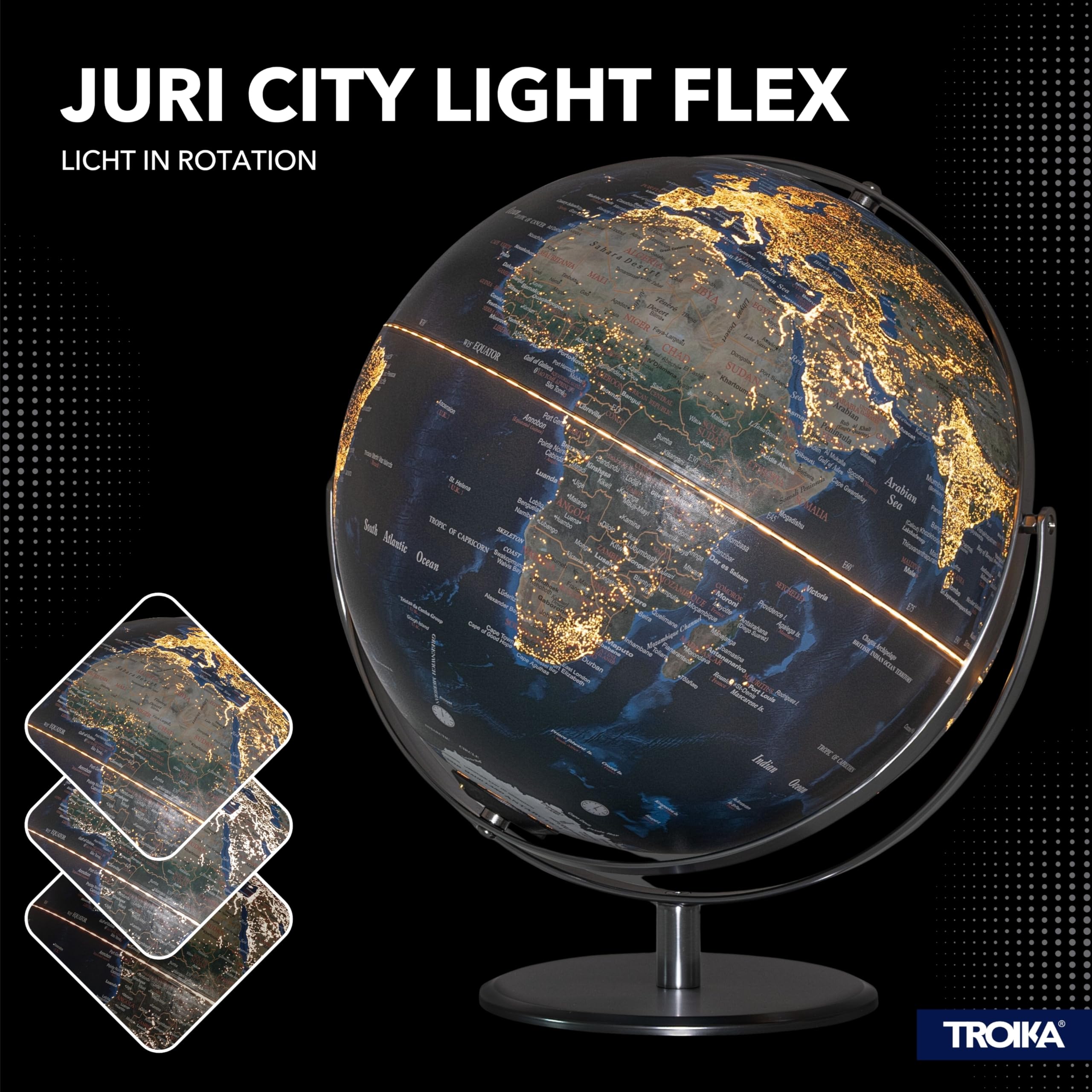 TROIKA Globo terráqueo iluminado con City Lights 30 cm JURI CITY LIGHT FLEX sobre base de metal cromado con dos ejes móviles y módulo de lámpara recargable Sompex de plástico y metal en azul, verde