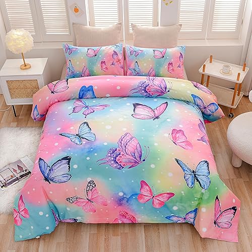 Btargot Juego de edredón de 3 piezas con patrón de mariposa para niñas con 2 fundas de almohada, línea degradada, juego de ropa de cama con