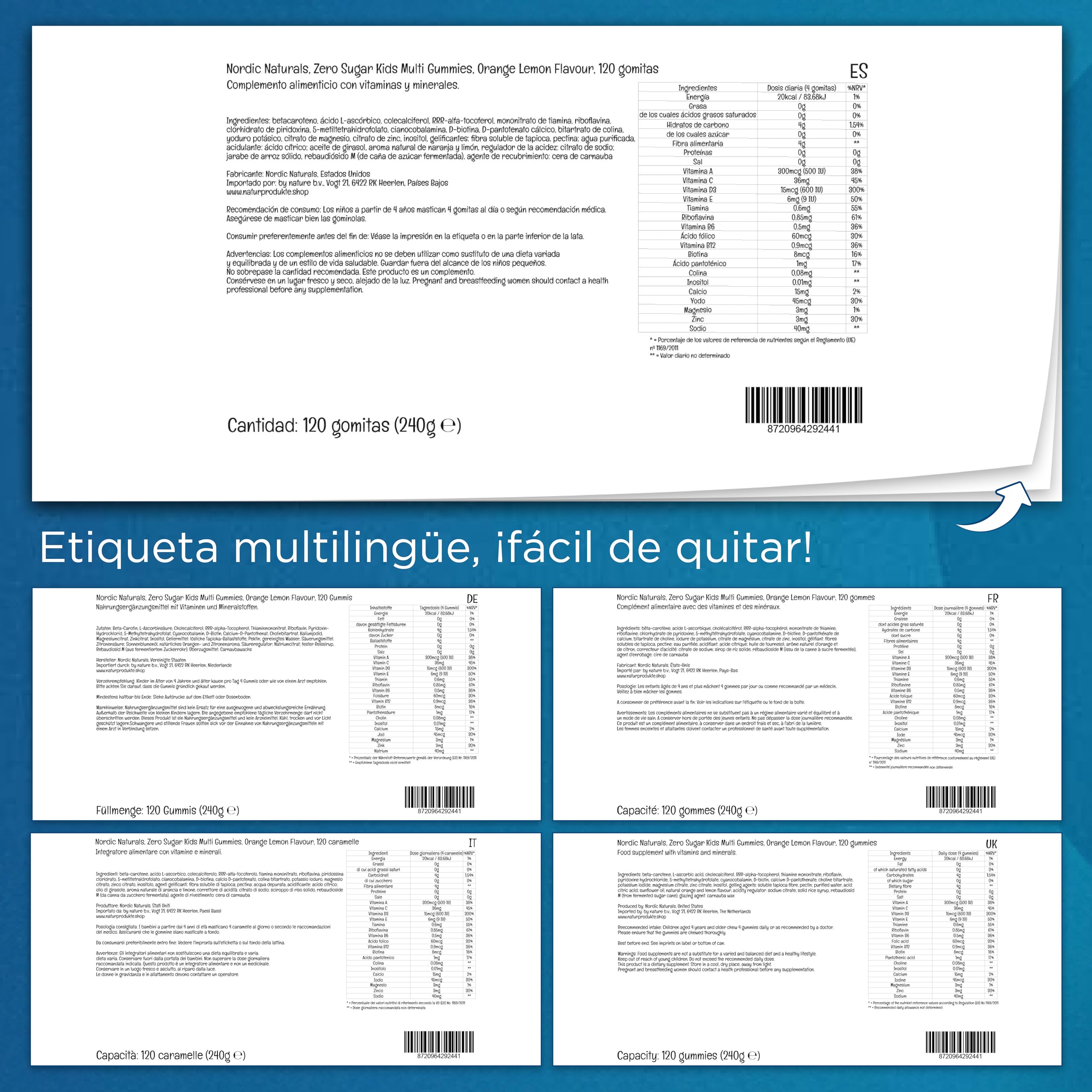 Nordic Naturals, Zero Sugar Kids Multi Gummies, Gominolas Multivitamínicas para Niños, Sabor Naranja-Limón, 120 Gominolas, Testado en Laboratorio, Sin Soja, Sin Gluten, No GMO