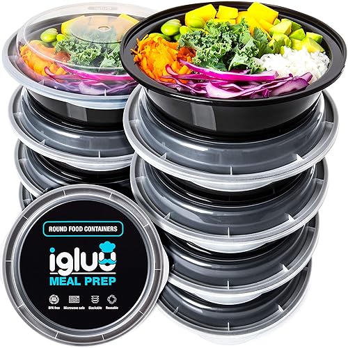 Igluu Meal Prep Containers Reusable (10 Pack) – Round Food Containers with Lids – Stackable, Microwave, Freezer & Dishwasher Safe – 828ml/28oz – 1 Compartment – BPA-Free - 10