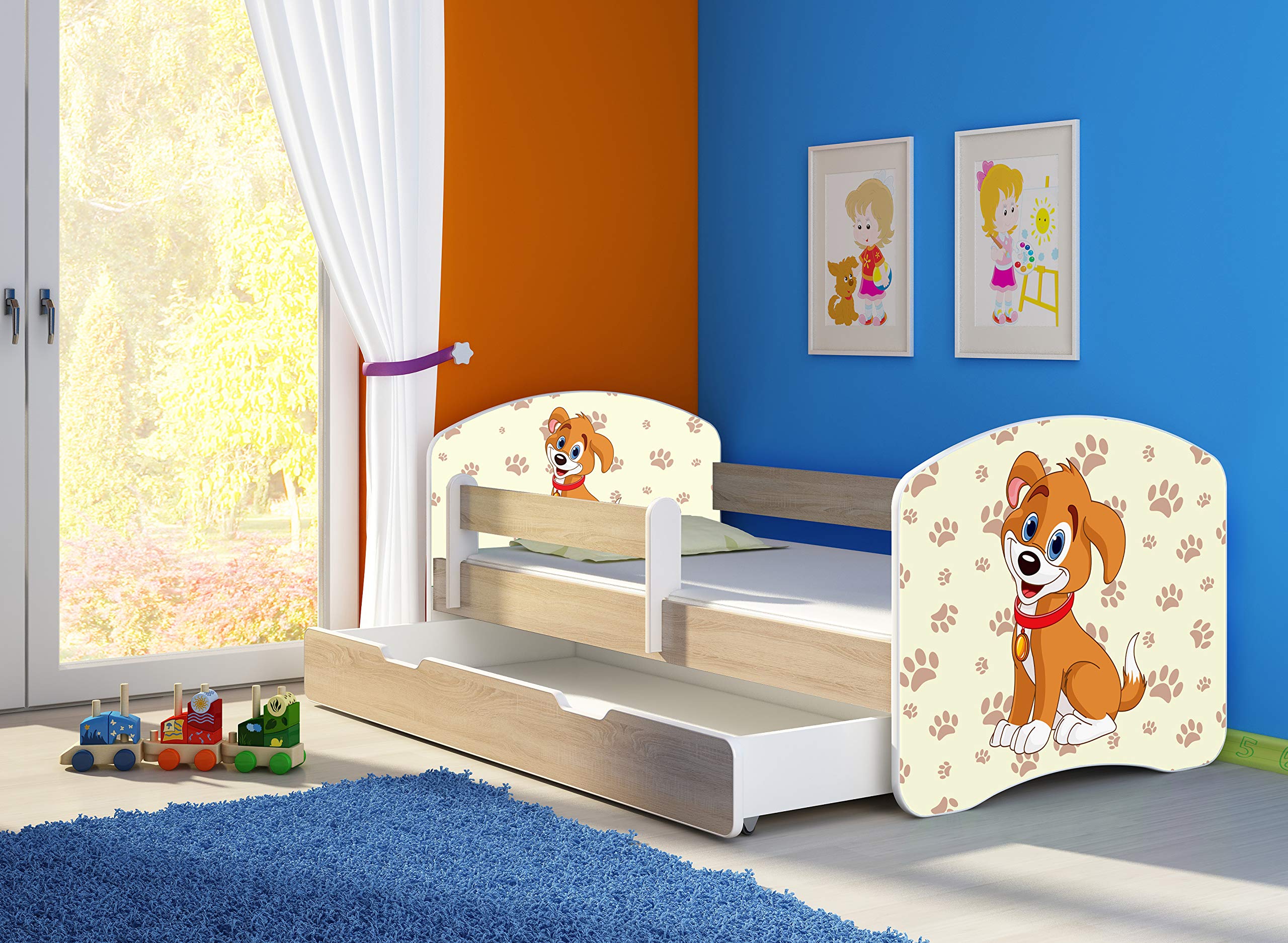 ACMA Kinderbett 140x70 mit Schublade und Matratze, Sonoma Rausfallschutz Lattenrost Spielbett