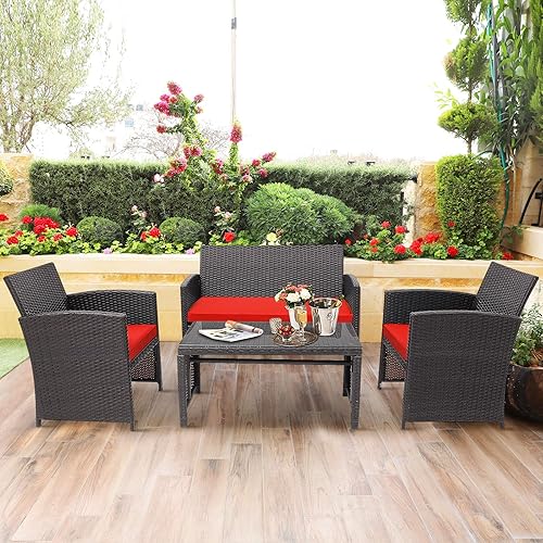 Miniatura 2 de HAPPYGRILL Juego de 4 muebles de mimbre para exteriores con mesa de centro de vidrio templado, cojines suaves, juego de sillas de ratán resistentes