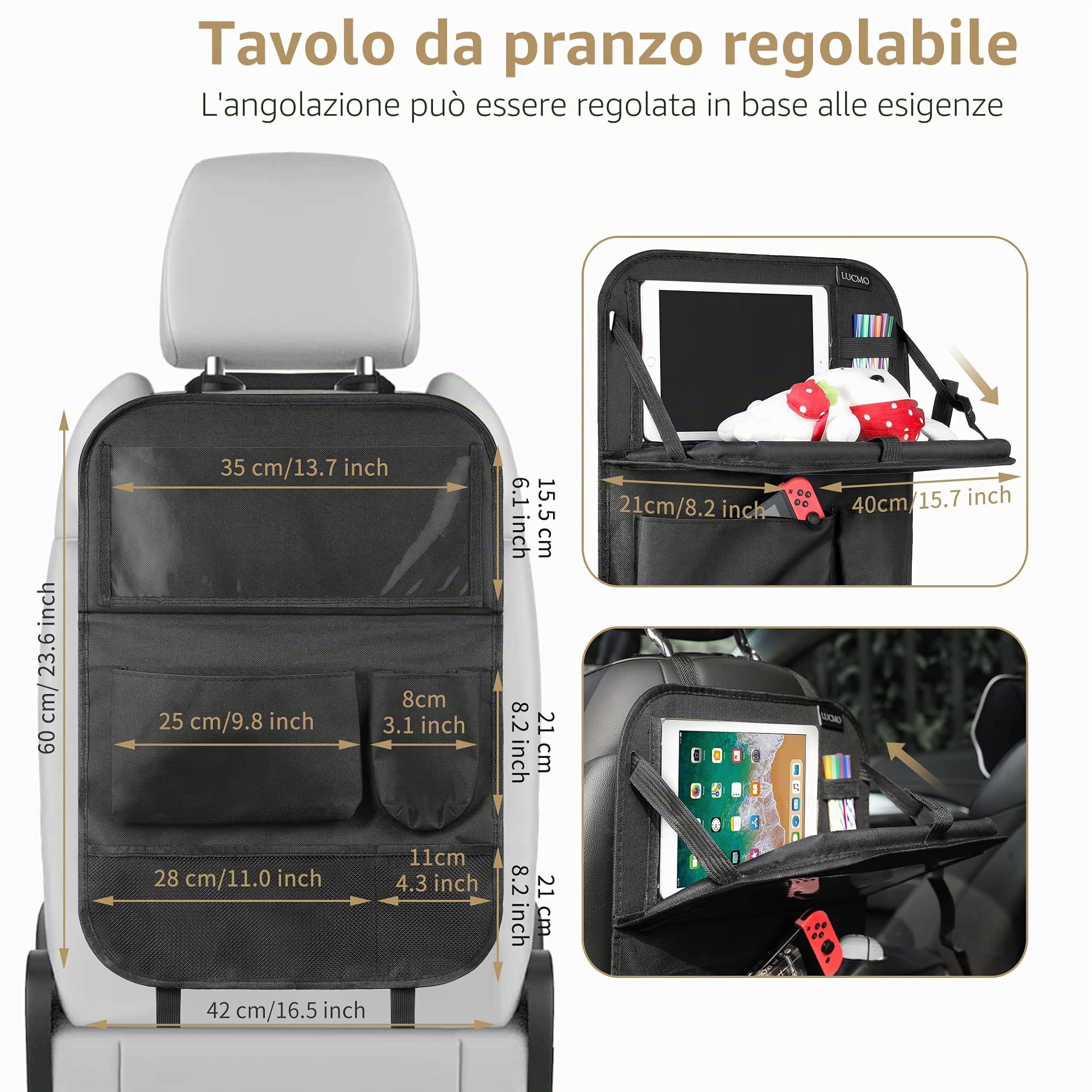 LUCMO Organizer per sedile posteriore con supporto per tablet, 6 tasche portaoggetti portaoggetti per auto con vassoio pieghevole per alimenti, protezioni per sedili auto, accessori da viaggio