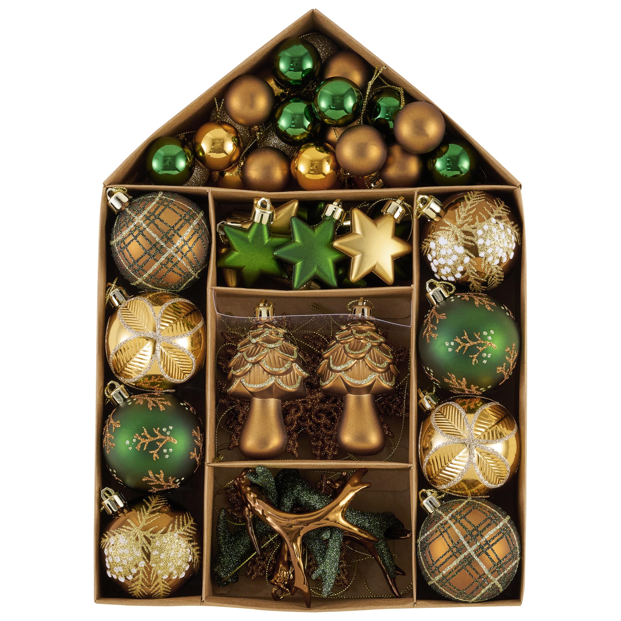Valery Madelyn Lot de 70 boules de Noël en plastique - Décoration de Noël avec crochet de suspension - Thème forêt (bronze vert)