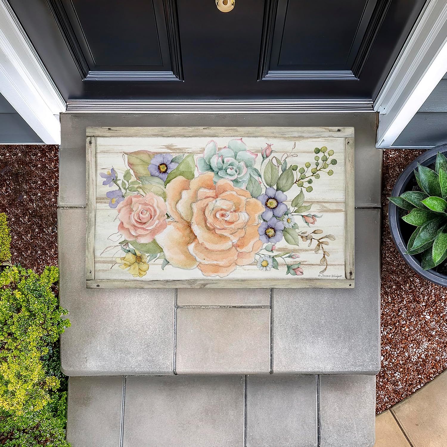 Stupell Industries Rose Succulent Bouquet Outdoor Door Mat, Durable Non-Slip Unwoven Mat with Recycled Rubber Backing, Weather-Resistant Garden Floral Design by Susan Winget, 18"x30"