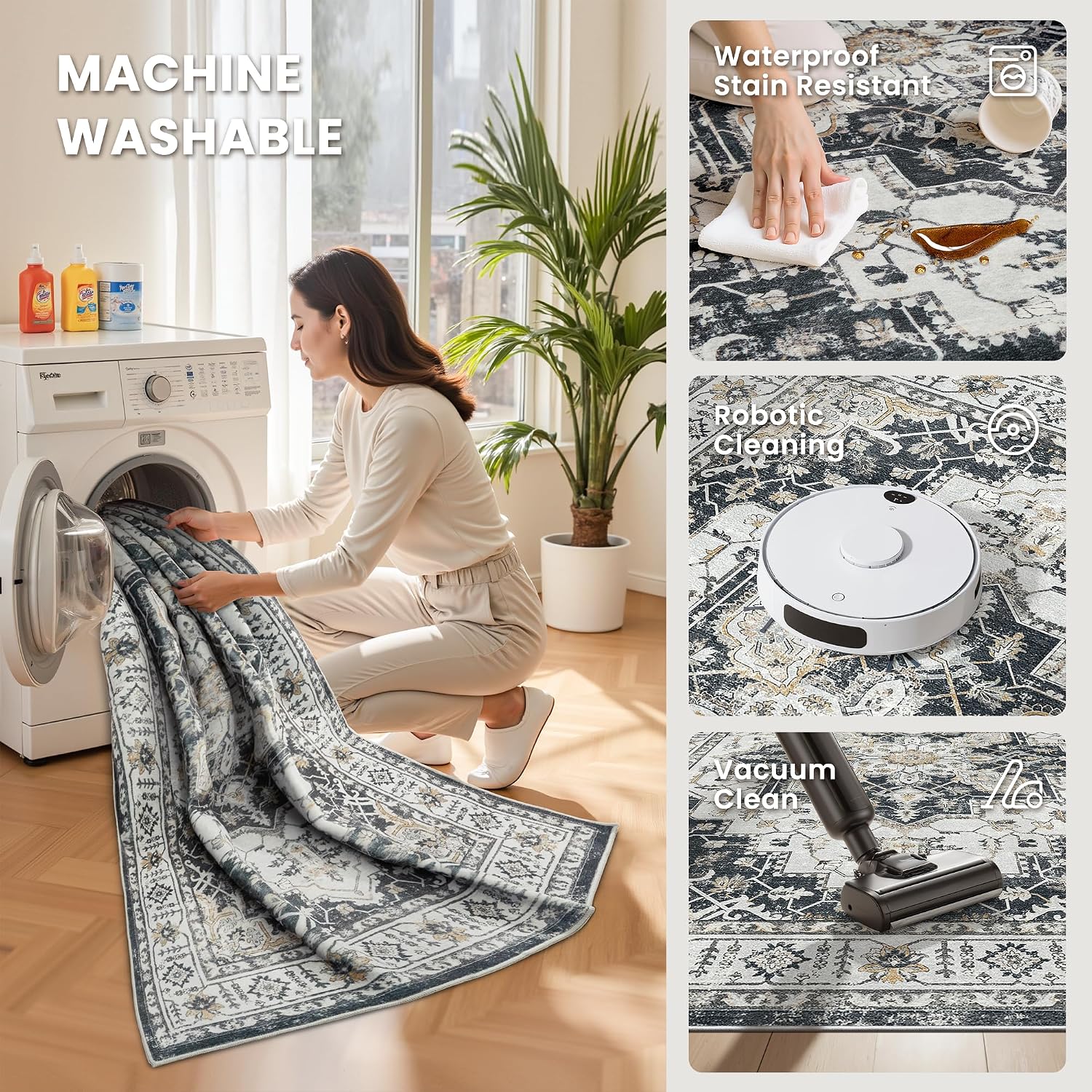 zesthome 5x7 Area Rugs, Machine Washable Rugs for Living Room, Bedroom,Stain Resistant Vintage Large Area Rug,Non-Slip Medallion Pattern Home Decor Rugs (Black,5'x7') thumbnail