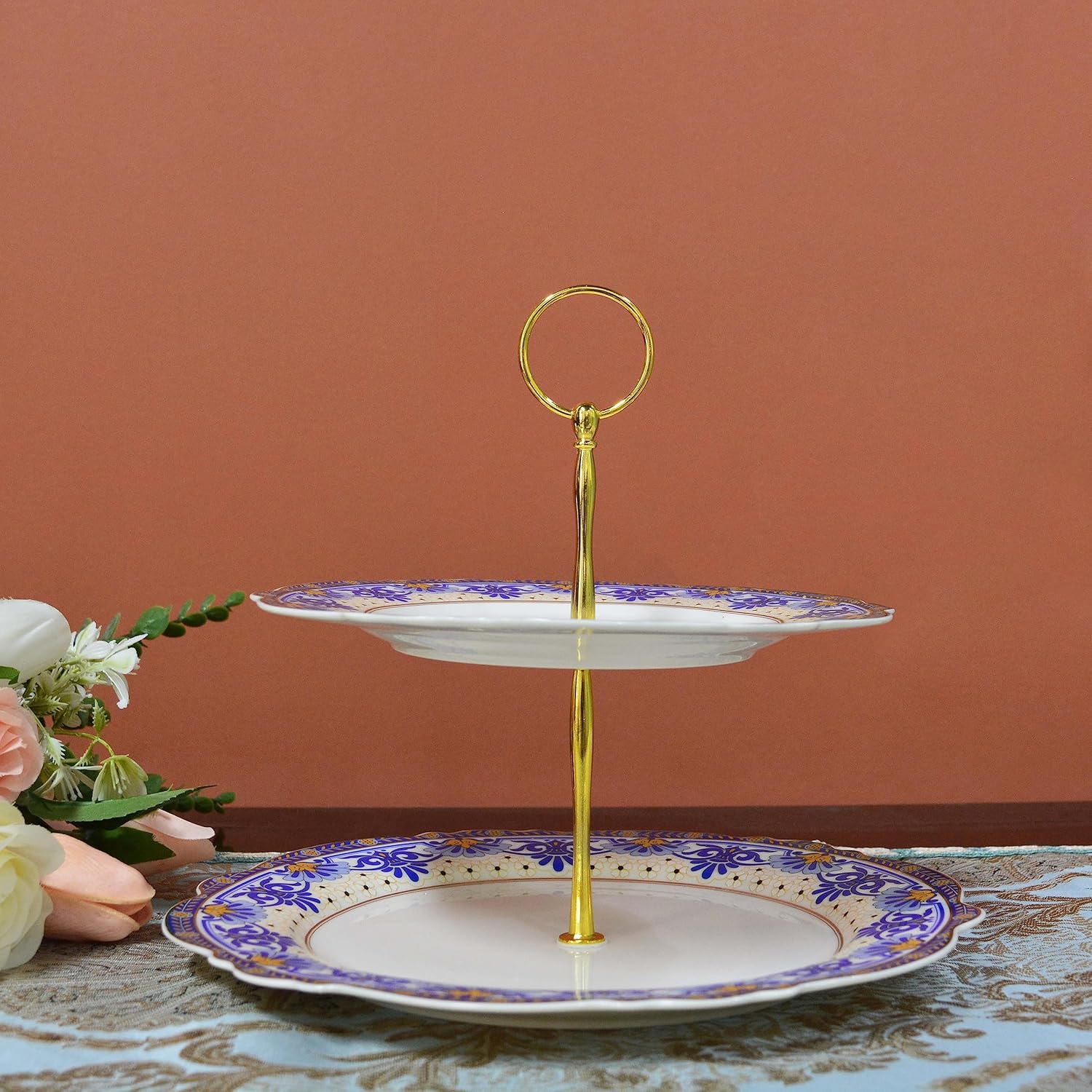 ACMLIFE Bone China Tea Cups and Saucers, 2 Tier Cupcake Stand for Dessert Table, Blue and White