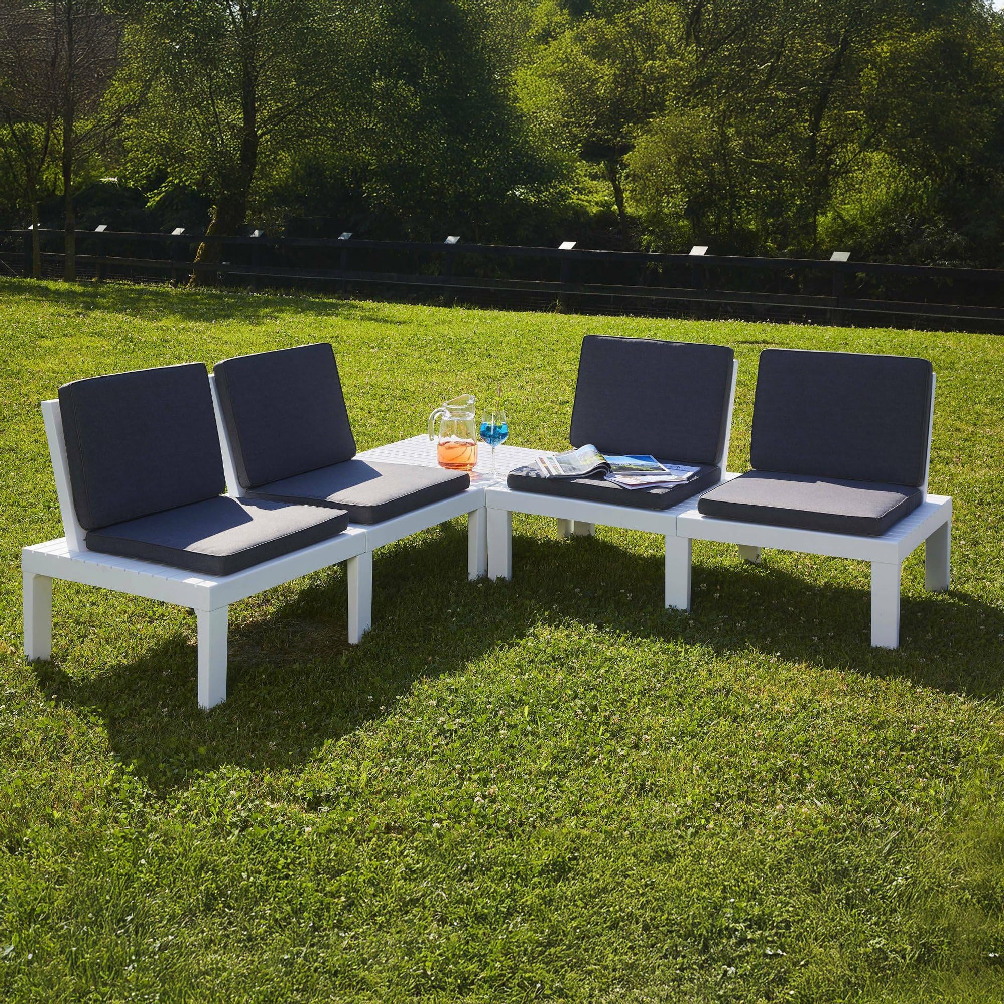 Dmora Set Salotto da Esterno Vigevano, Composizione da Giardino con 4 sedute con Schienale ed 1 modulo Multifunzione, Salottino con Cuscini, 100% Made in Italy, Bianco